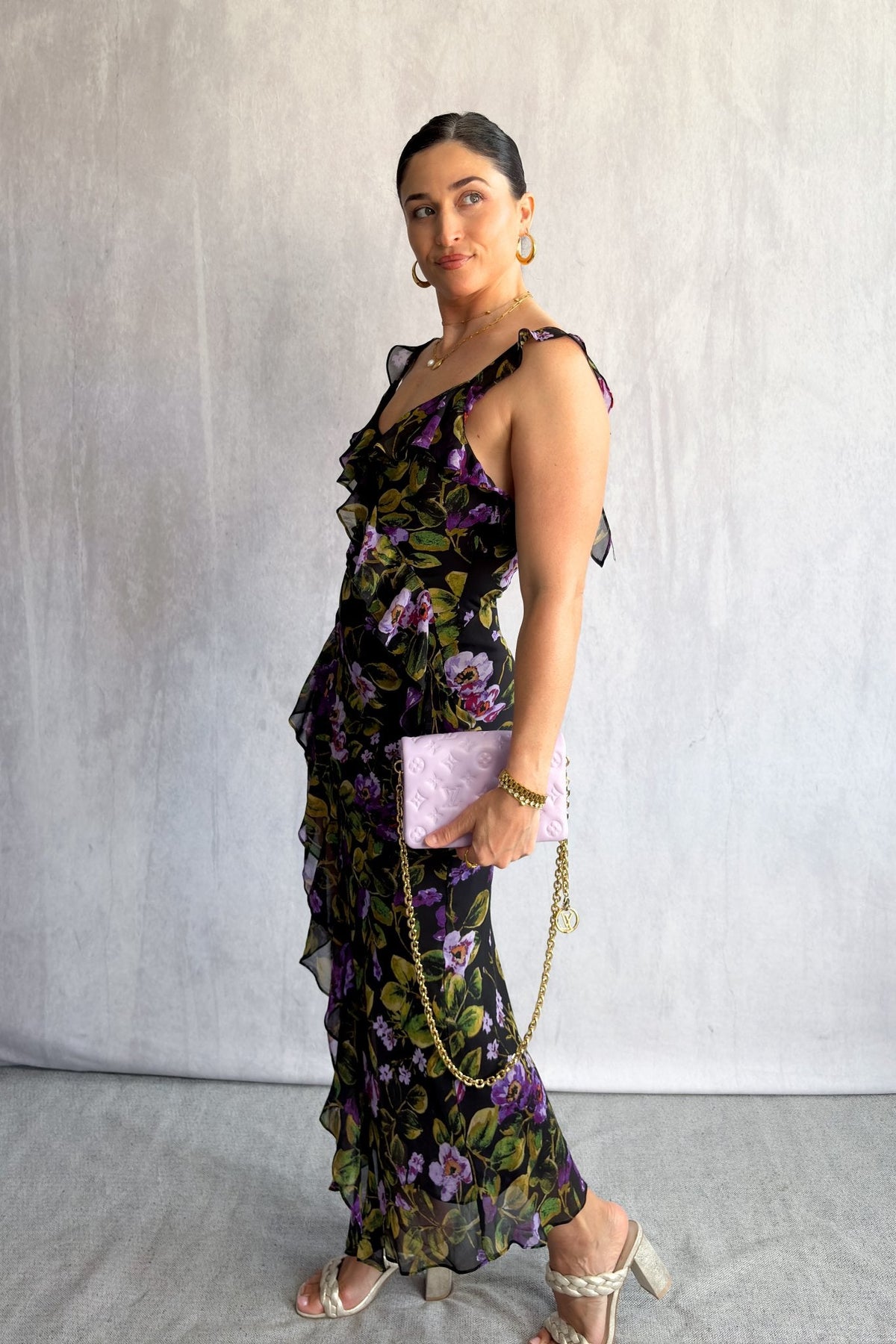 Chiffon Floral Print Maxi Dress with Ruffle Straps &amp; Side Slit - Women&#39;s Dresses - Blooming Daily