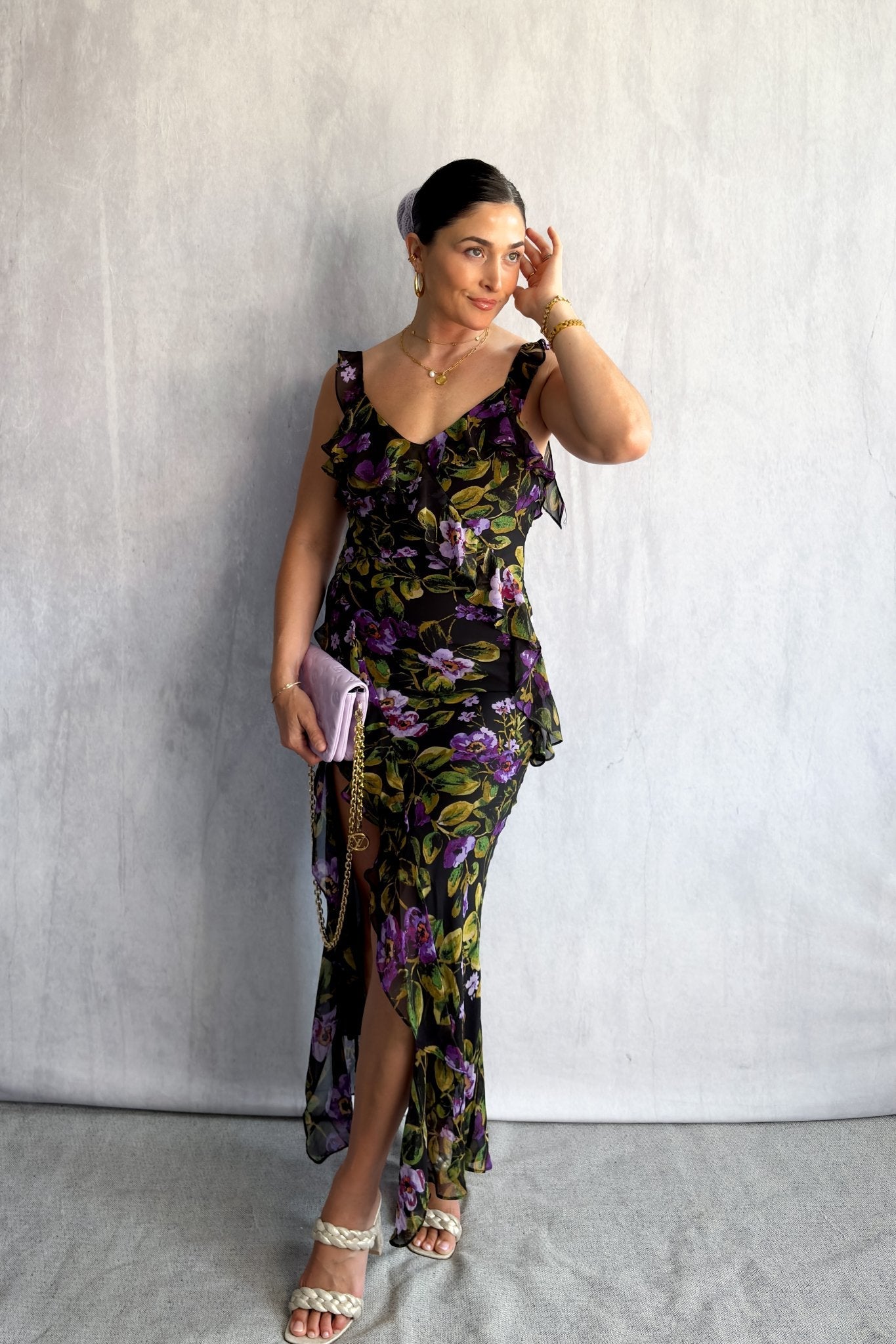 Chiffon Floral Print Maxi Dress with Ruffle Straps & Side Slit - Women's Dresses - Blooming Daily