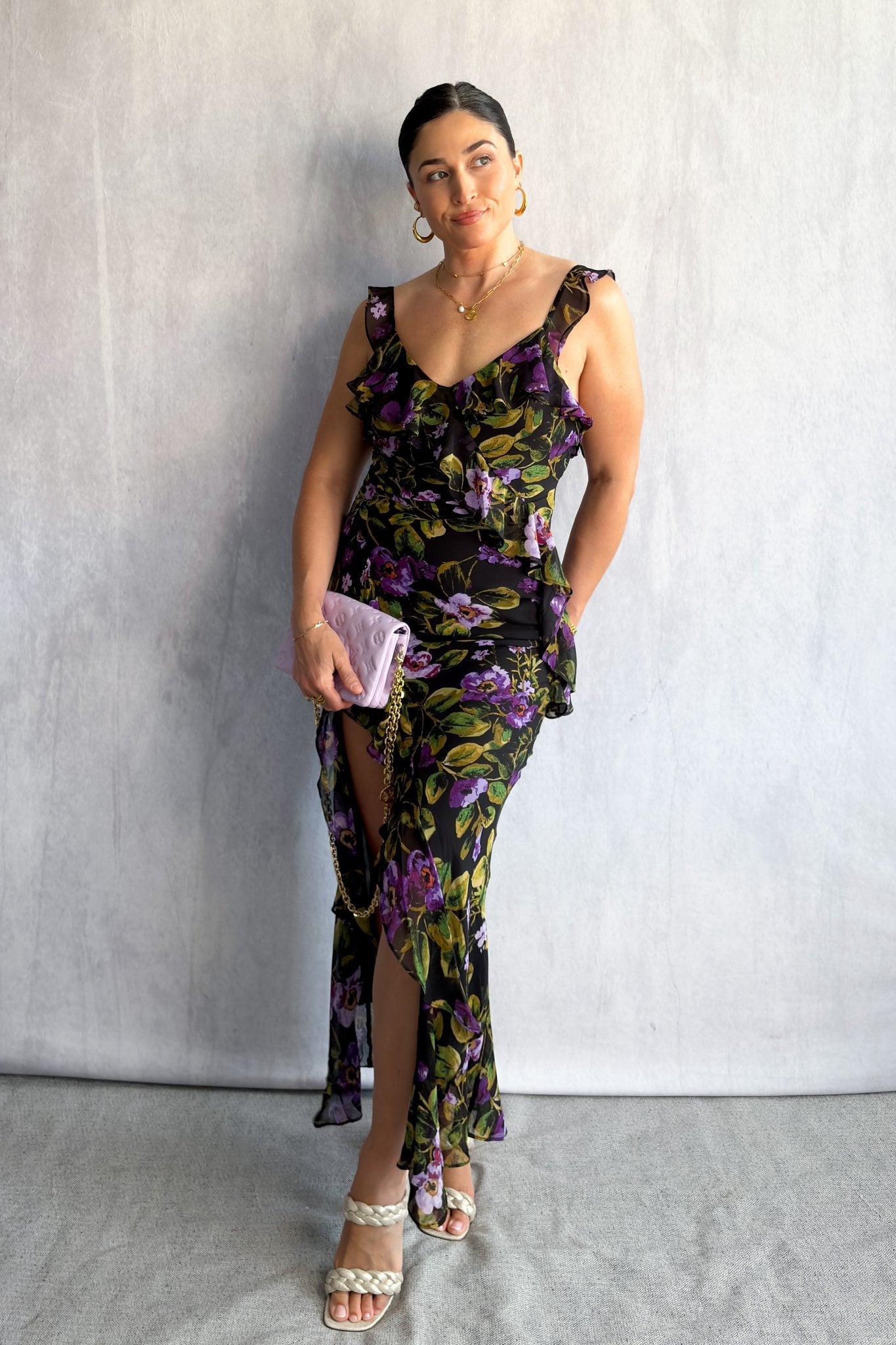 Chiffon Floral Print Maxi Dress with Ruffle Straps & Side Slit - Women's Dresses - Blooming Daily