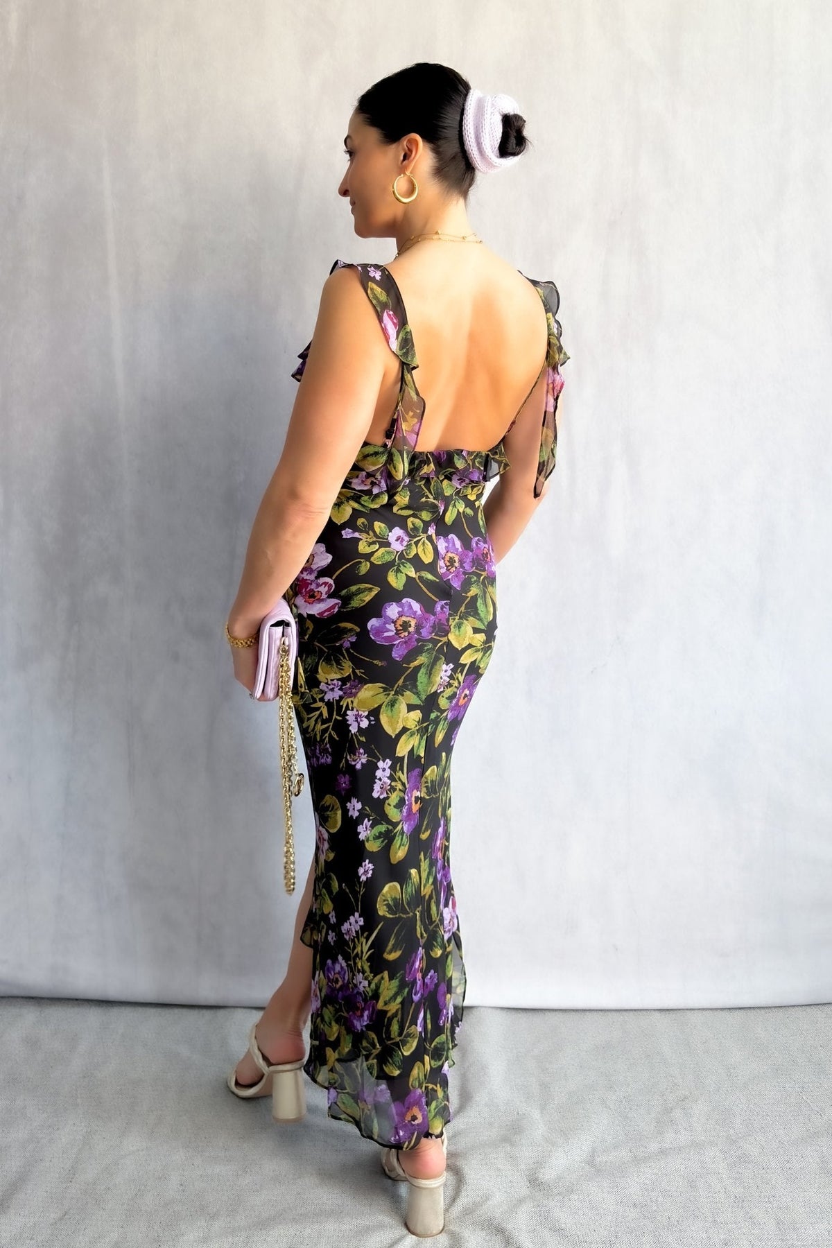 Chiffon Floral Print Maxi Dress with Ruffle Straps &amp; Side Slit - Women&#39;s Dresses - Blooming Daily