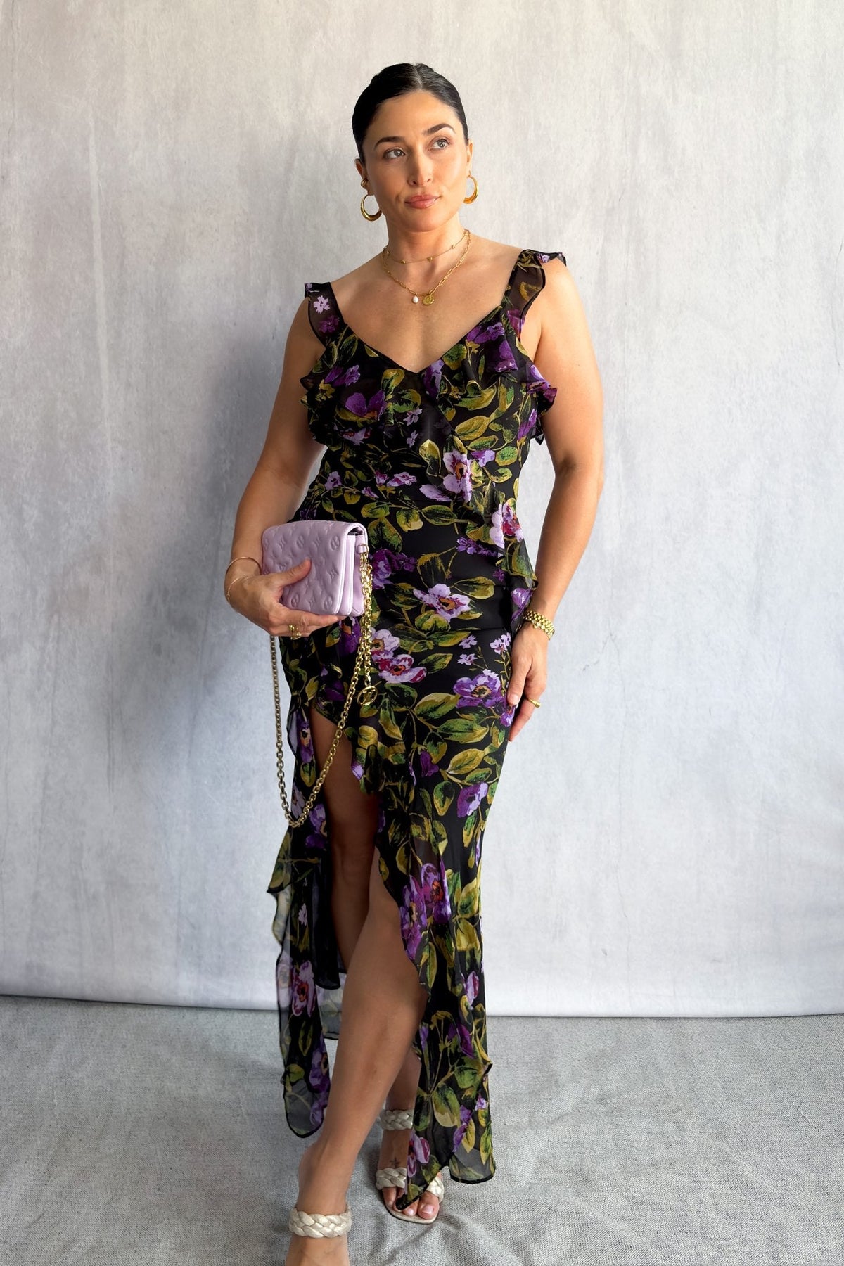Chiffon Floral Print Maxi Dress with Ruffle Straps &amp; Side Slit - Women&#39;s Dresses - Blooming Daily