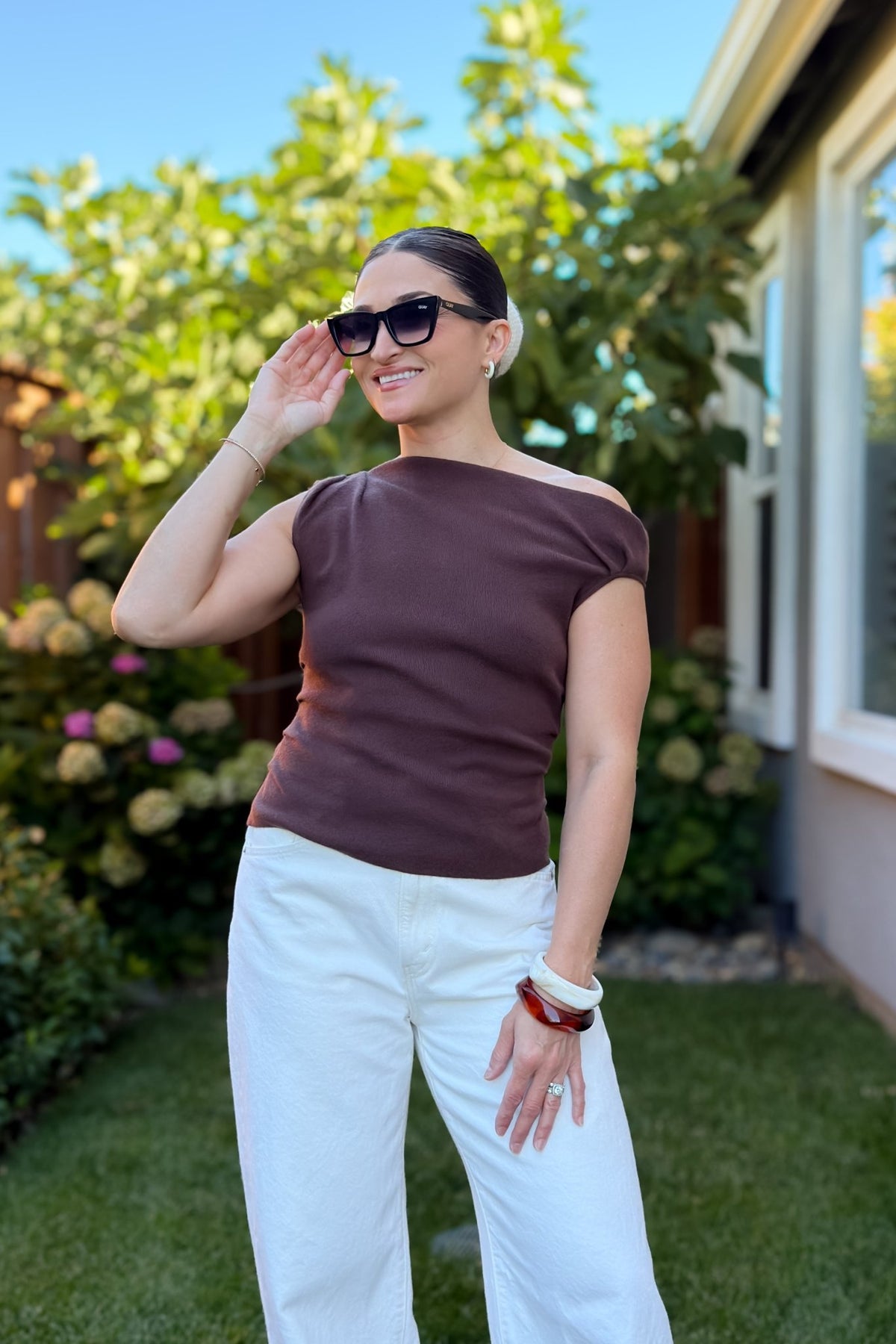 Chocolate Brown Off Shoulder Knit Top - Blooming Daily