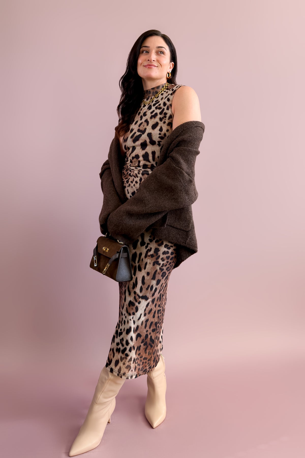 Women's timeless chocolate brown open front sweater styled for fall and winter.