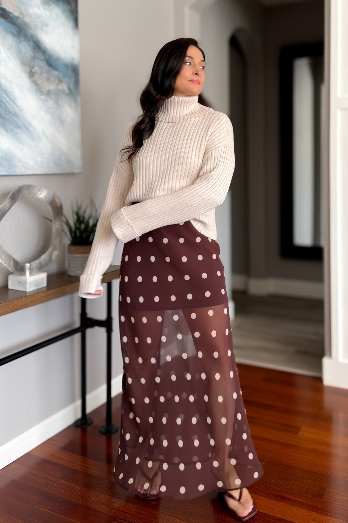Women’s chocolate brown printed maxi skirt with cream polka dots and comfortable elastic waistband