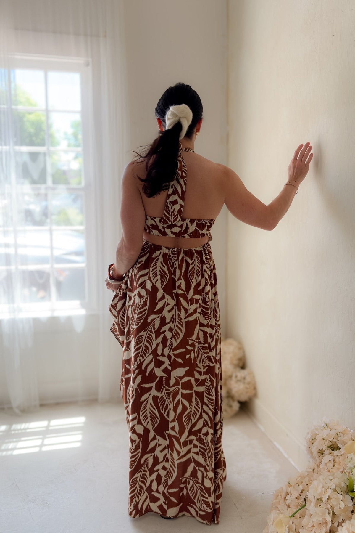 Chocolate Brown Tropical Halter Maxi Dress - Women's Dresses - Blooming Daily