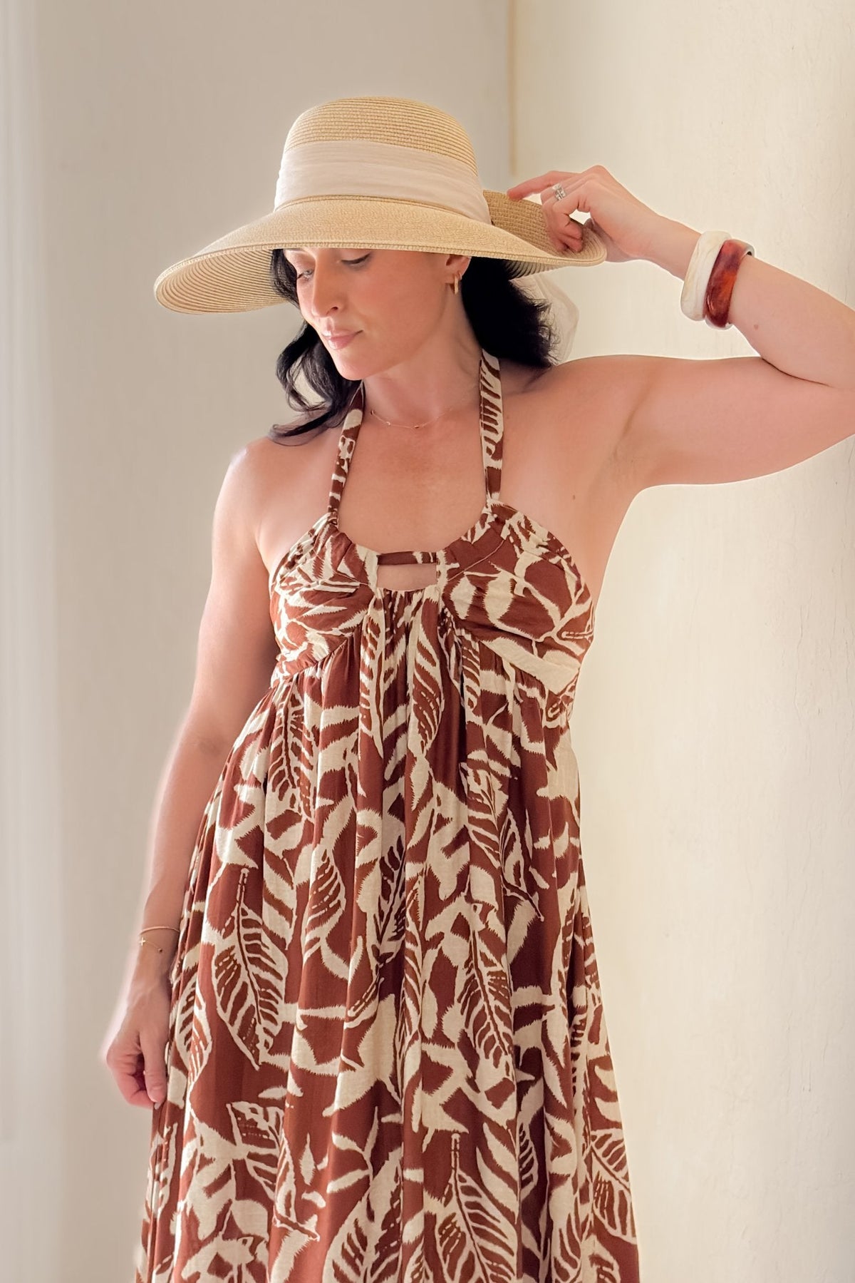 Chocolate Brown Tropical Halter Maxi Dress - Women's Dresses - Blooming Daily
