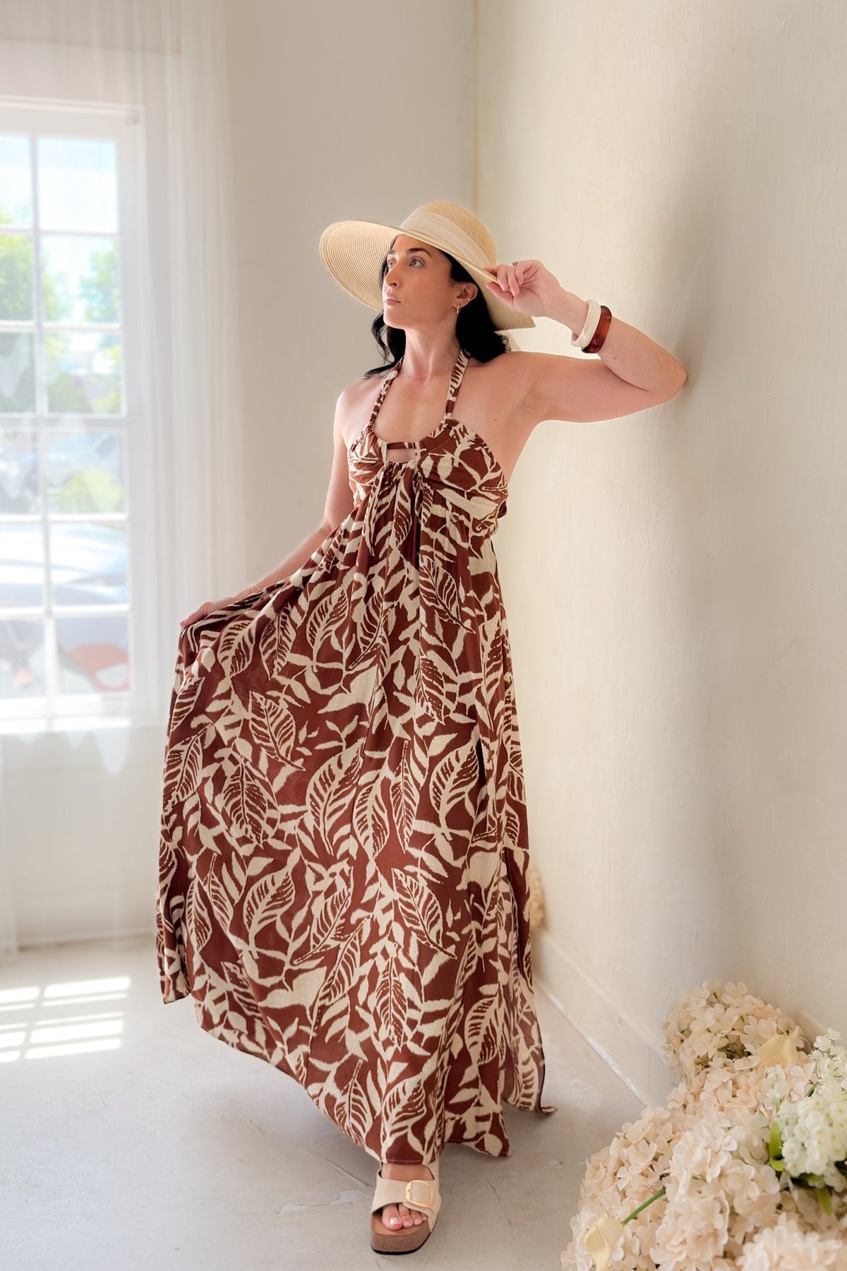 Chocolate Brown Tropical Halter Maxi Dress - Women's Dresses - Blooming Daily