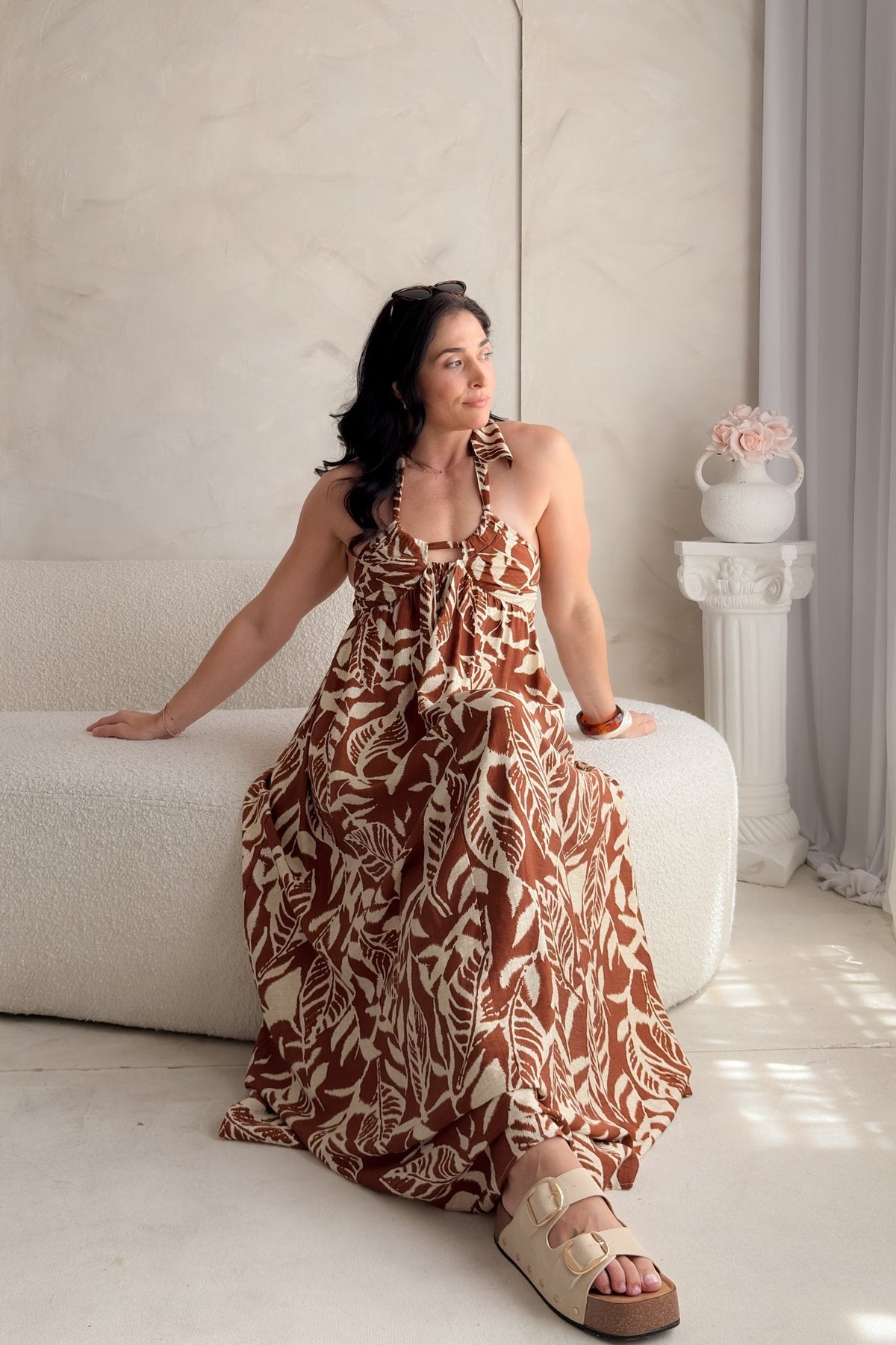 Chocolate Brown Tropical Halter Maxi Dress - Women's Dresses - Blooming Daily