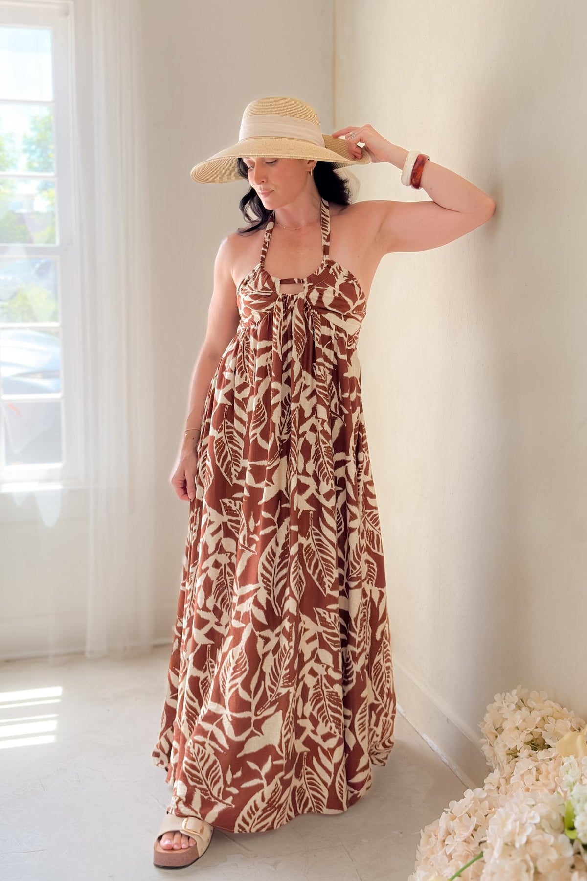 Chocolate Brown Tropical Halter Maxi Dress - Women's Dresses - Blooming Daily