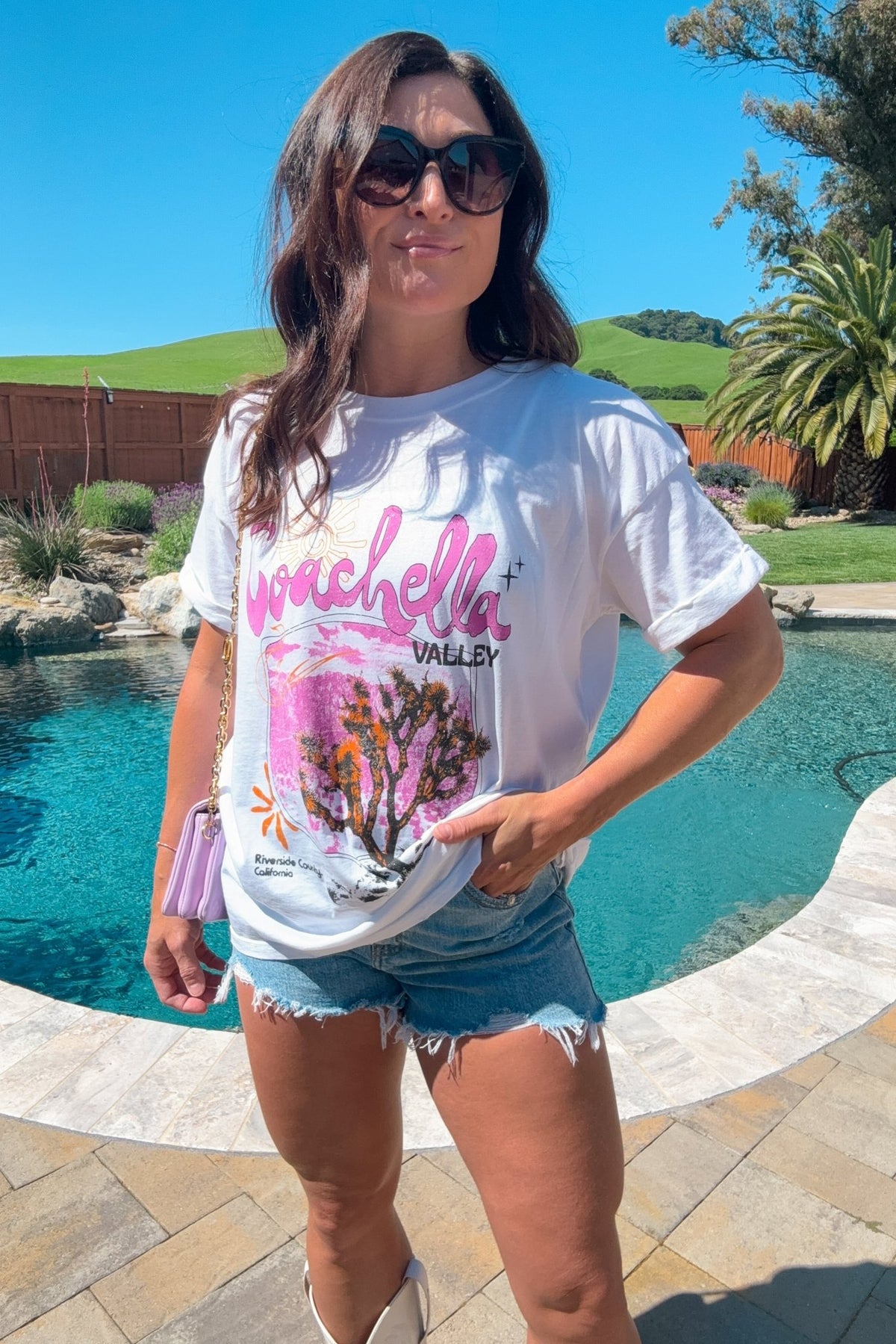 Coachella Valley Boyfriend Graphic Tee | White - Women&#39;s Shirts &amp; Tops - Blooming Daily