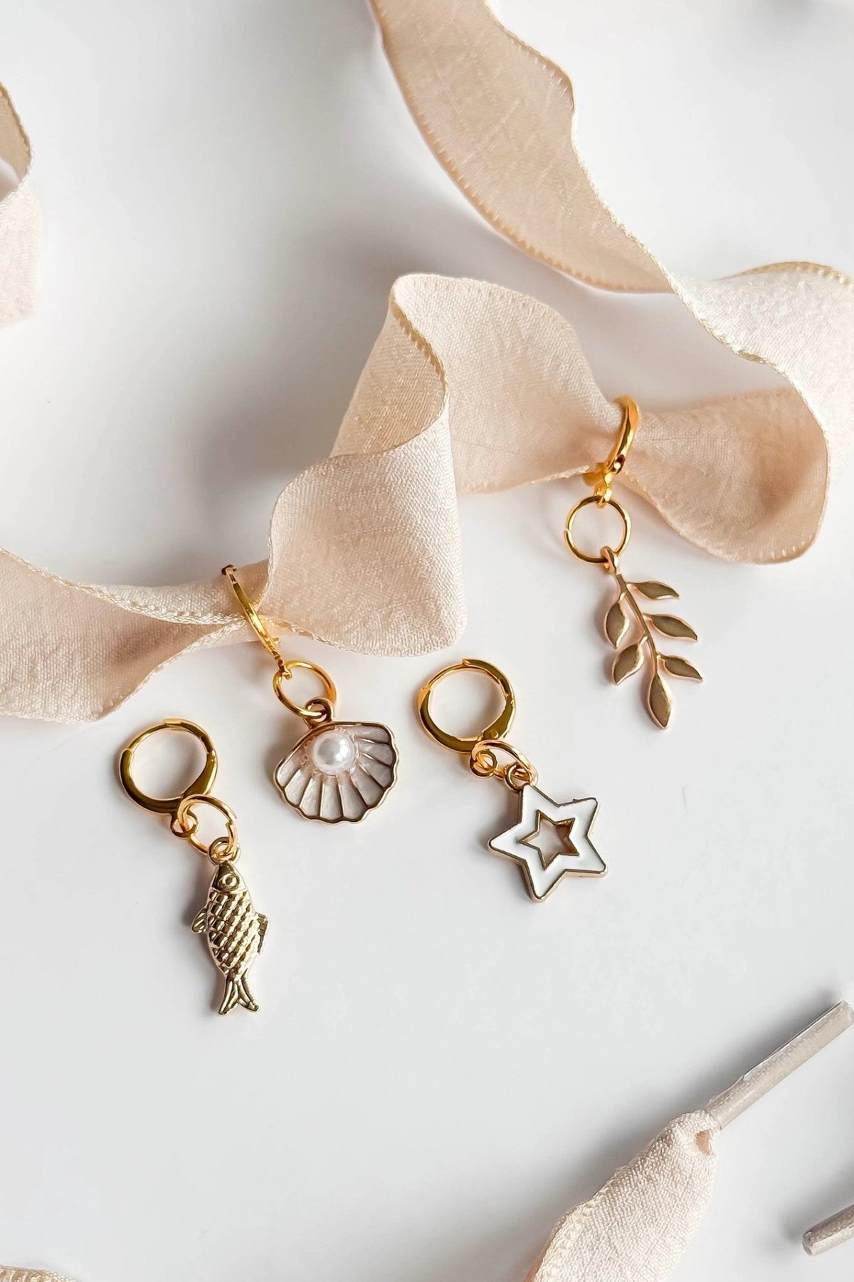 Cream Ribbon Lace Shoe Charms – Gold Coastal Charm Set - Women's Accessories - Blooming Daily