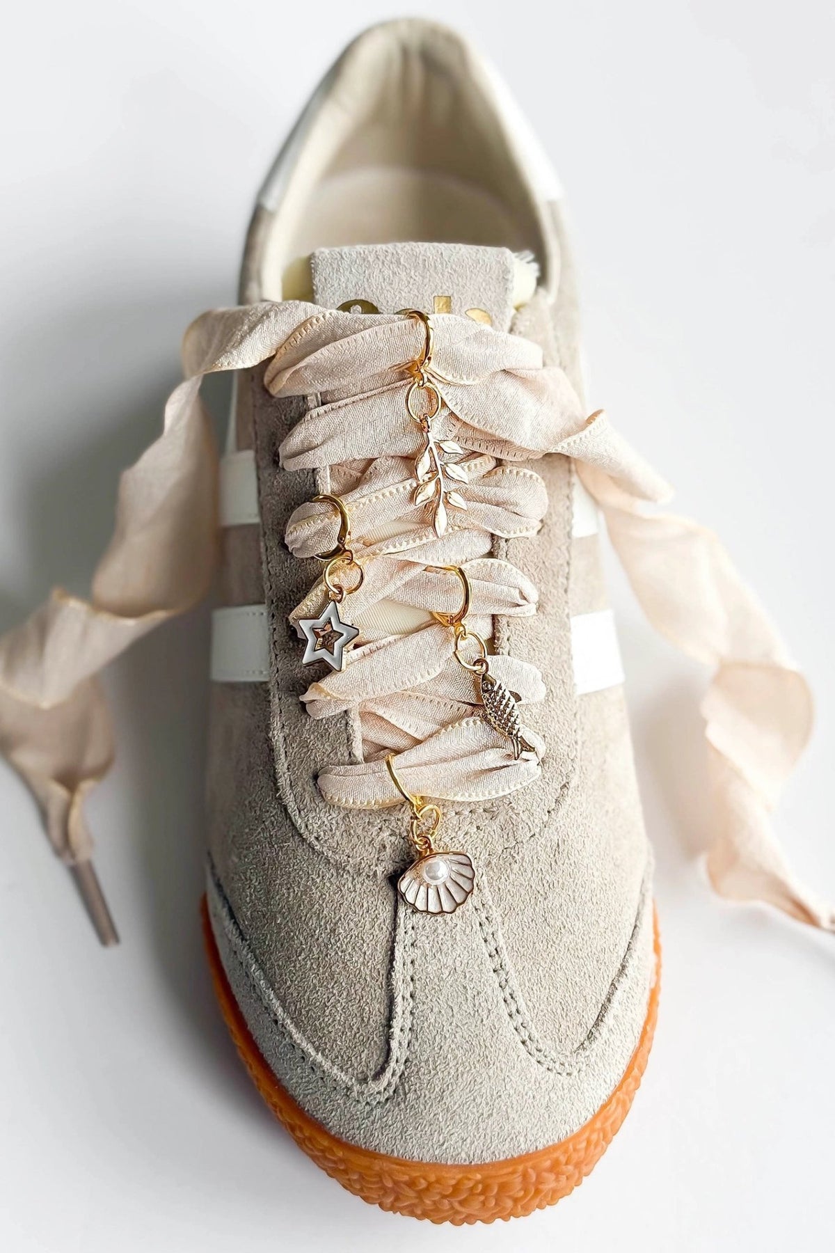 Cream Ribbon Lace Shoe Charms – Gold Coastal Charm Set - Women's Accessories - Blooming Daily