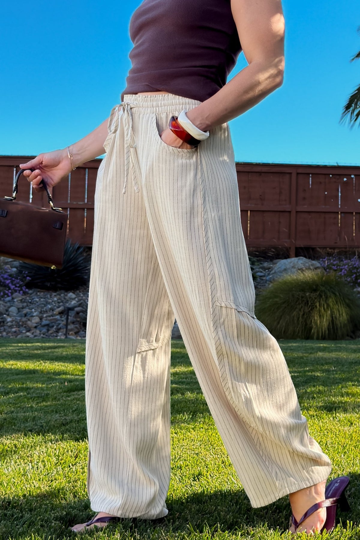 Cream Striped Linen Blend Wide Leg Pants - Women's Pants - Blooming Daily