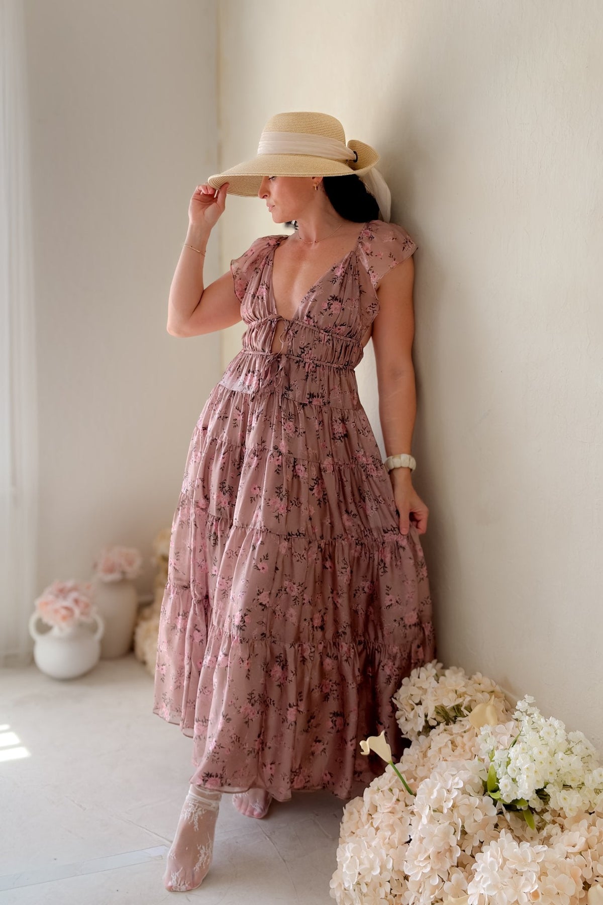 Dusty Rose Floral Tiered Maxi Dress - Women's Dresses - Blooming Daily