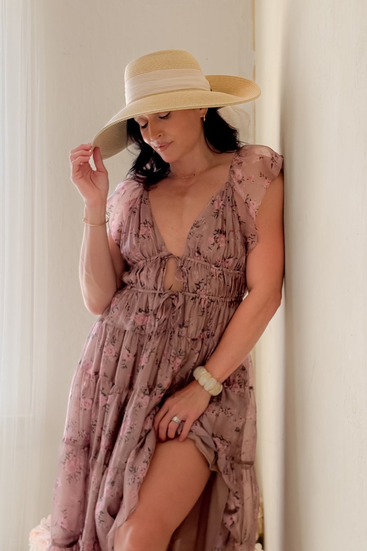 Dusty Rose Floral Tiered Maxi Dress - Women's Dresses - Blooming Daily
