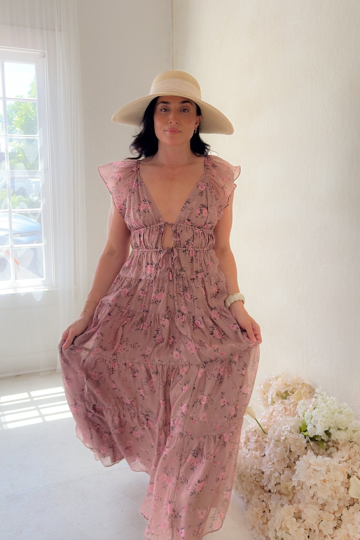 Dusty Rose Floral Tiered Maxi Dress - Women's Dresses - Blooming Daily