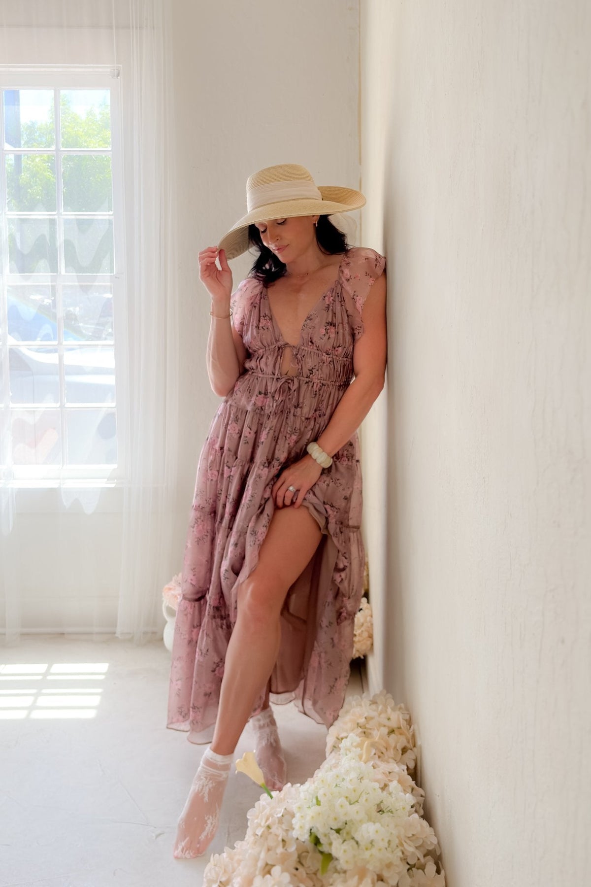 Dusty Rose Floral Tiered Maxi Dress - Women's Dresses - Blooming Daily
