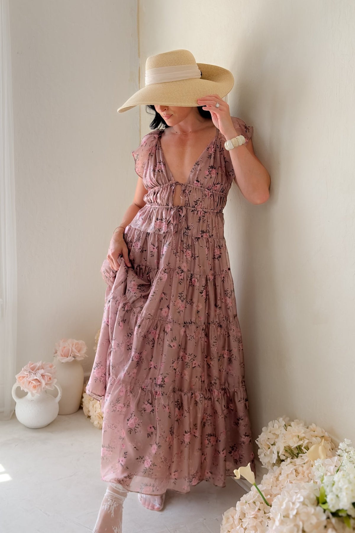 Dusty Rose Floral Tiered Maxi Dress - Women's Dresses - Blooming Daily