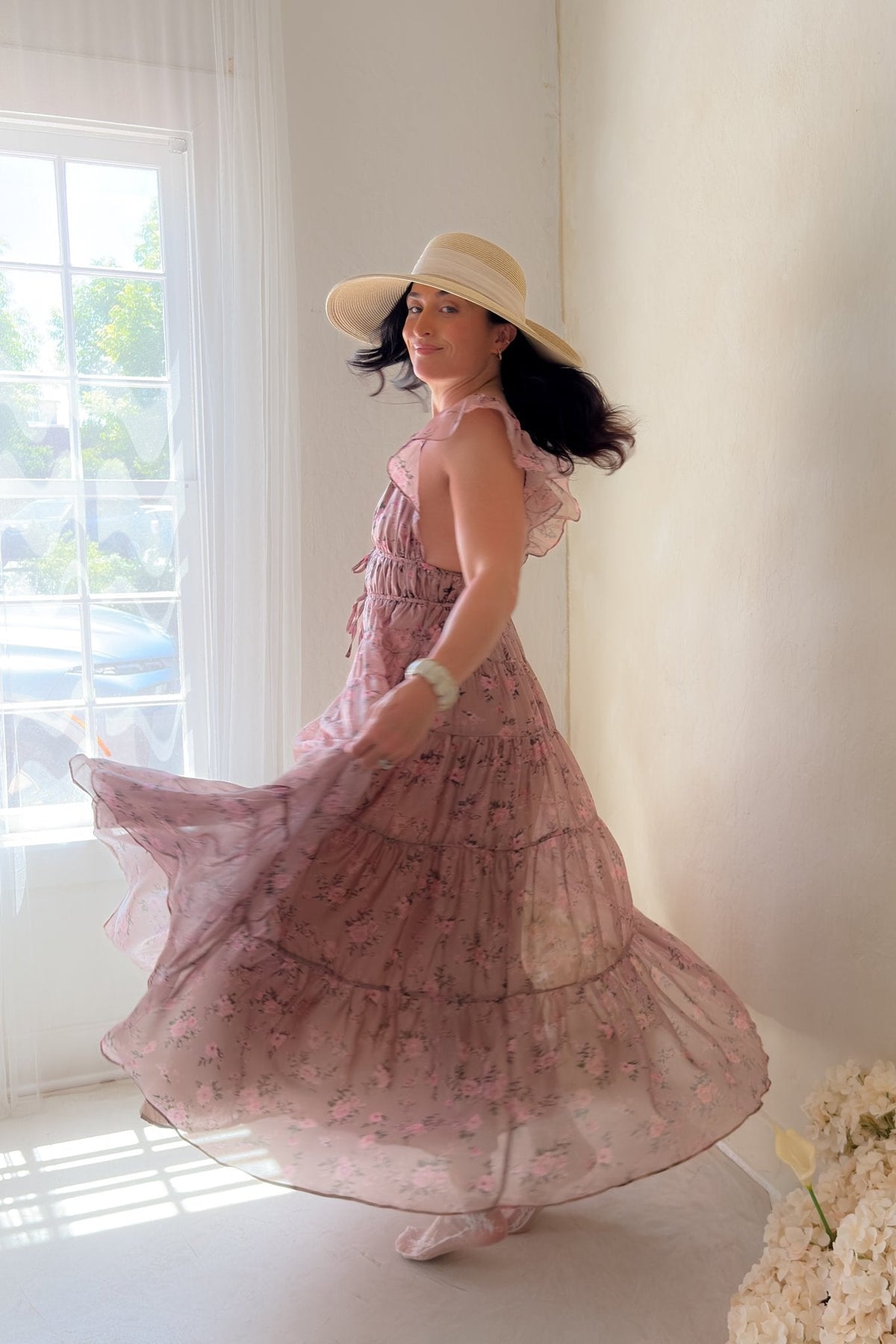 Dusty Rose Floral Tiered Maxi Dress - Women's Dresses - Blooming Daily