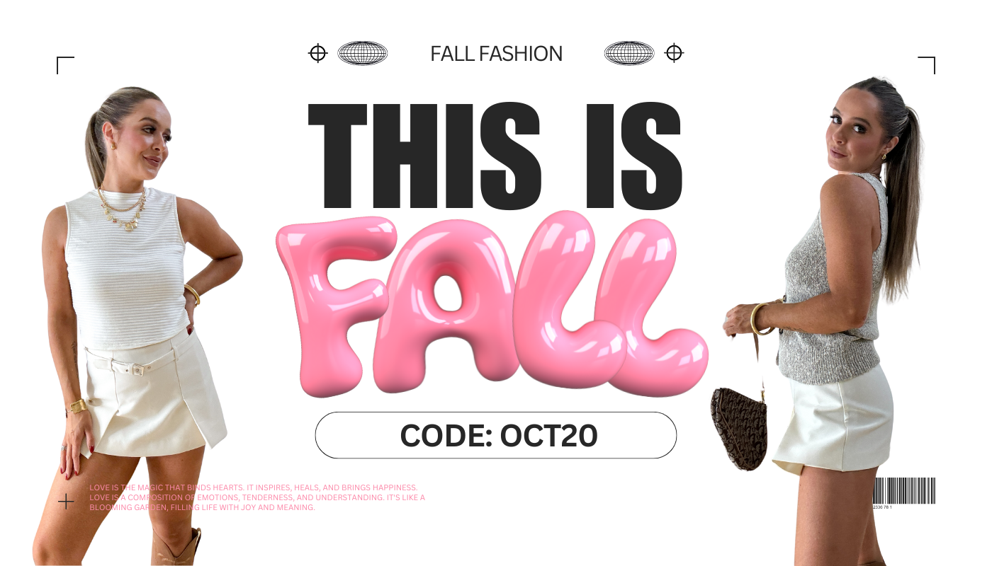 Fall Fashion Banner featuring two women wearing chic fall outfits with white tops and neutral skirts. The banner showcases the text 'THIS IS LOVE' in large bold letters, along with the discount code 'OCT20'. The phrase 'Love is the magic that binds hearts' is also displayed, emphasizing the theme of fall and connection. The stylish design includes playful pink balloon-style typography and subtle design elements, highlighting a seasonal fashion promotion.