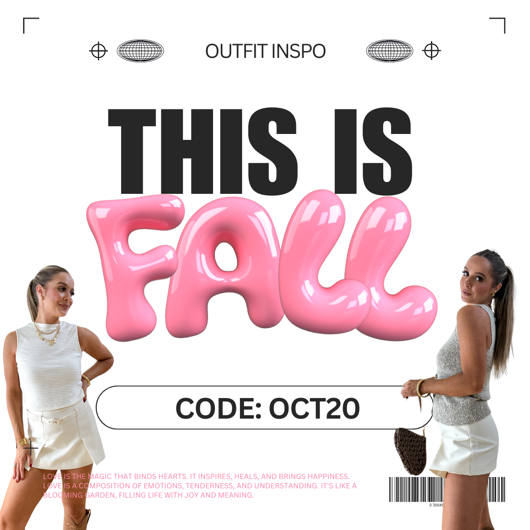 Fall Fashion Banner featuring two women wearing chic fall outfits with white tops and neutral skirts. The banner showcases the text 'THIS IS LOVE' in large bold letters, along with the discount code 'OCT20'. The phrase 'Love is the magic that binds hearts' is also displayed, emphasizing the theme of fall and connection. The stylish design includes playful pink balloon-style typography and subtle design elements, highlighting a seasonal fashion promotion.