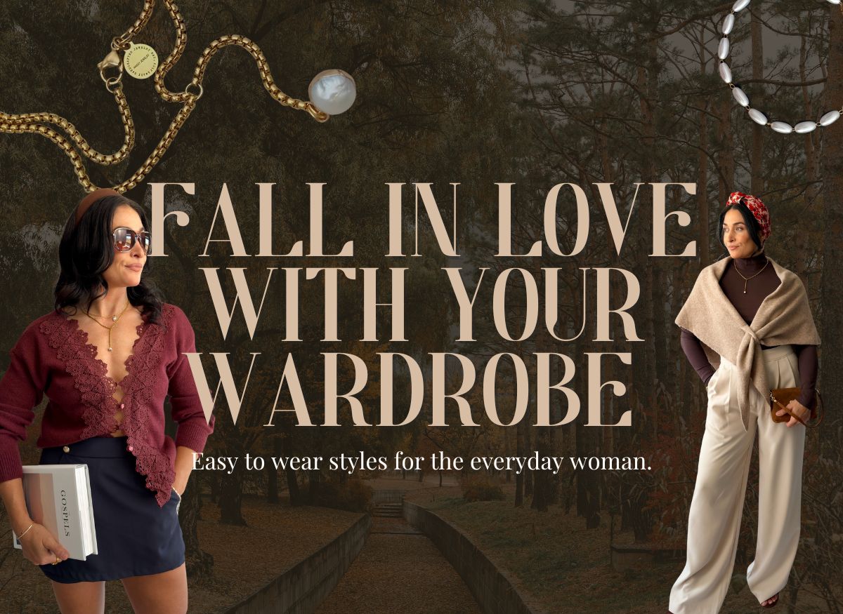 Burgundy lace neckline sweater hero image with text Fall in Love With Your Wardrobe, showcasing cozy, feminine fall styles for everyday wear at Blooming Daily.