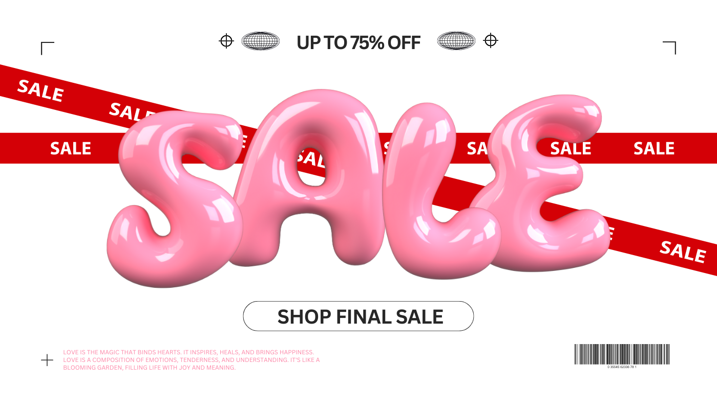 Sale banner promoting up to 75% off, featuring bold pink 'SALE' text and red sale ribbons in the background. Includes a 'Shop Final Sale' button for easy access.