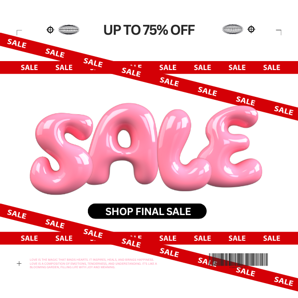 Final Sale Banner - Up to 75% Off! Pink bold 'SALE' text with red sale ribbons across the banner. Shop the final sale for huge discounts.