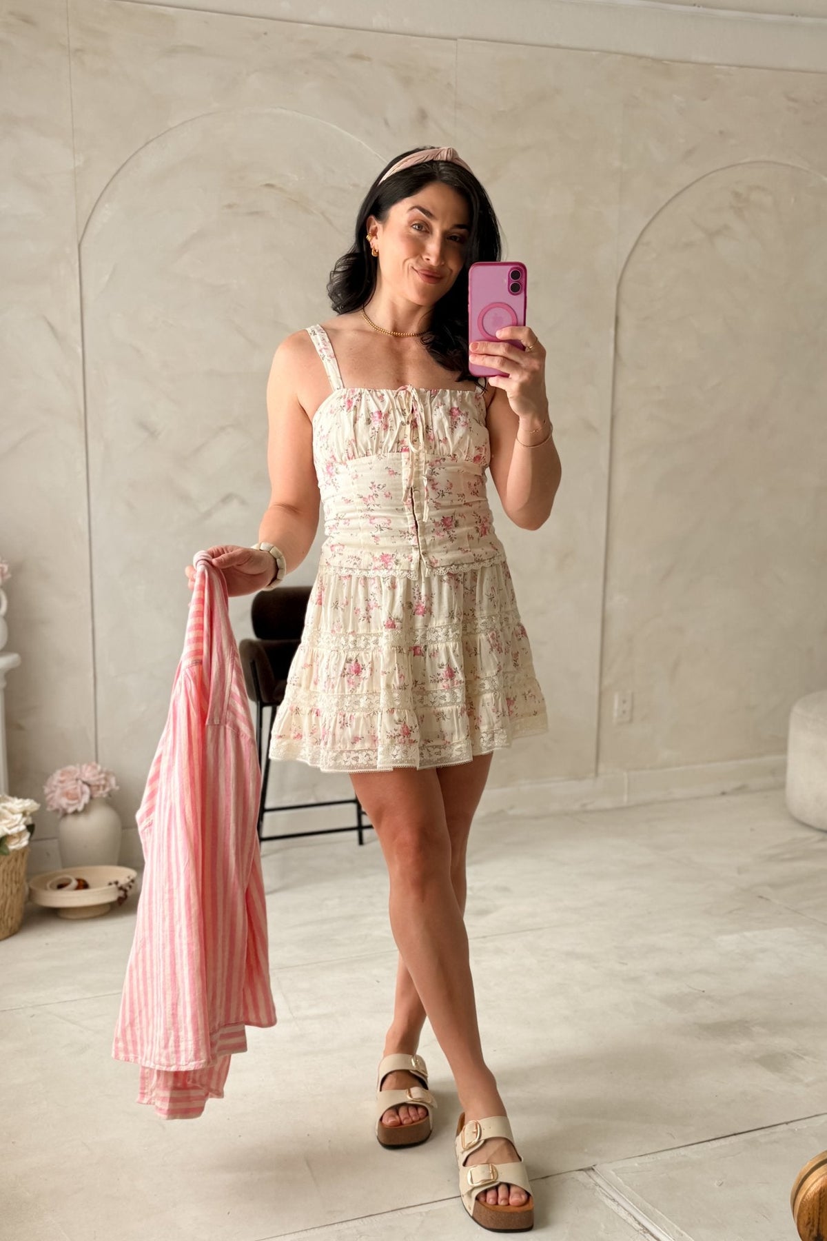 Floral Corset Top Women – Cream Pink Lace Trim - Shirts & Tops - Blooming Daily