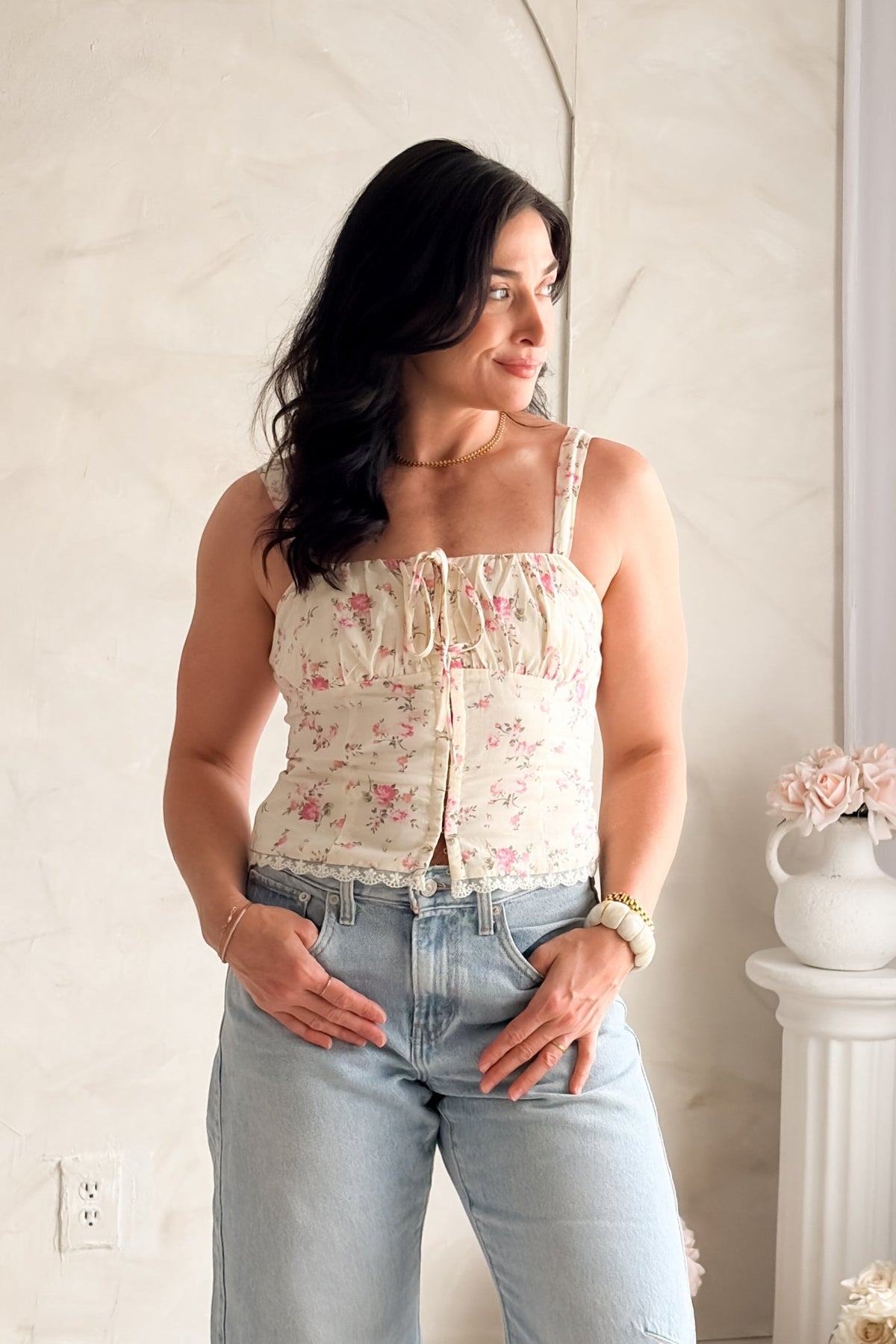 Floral Corset Top Women – Cream Pink Lace Trim - Shirts & Tops - Blooming Daily
