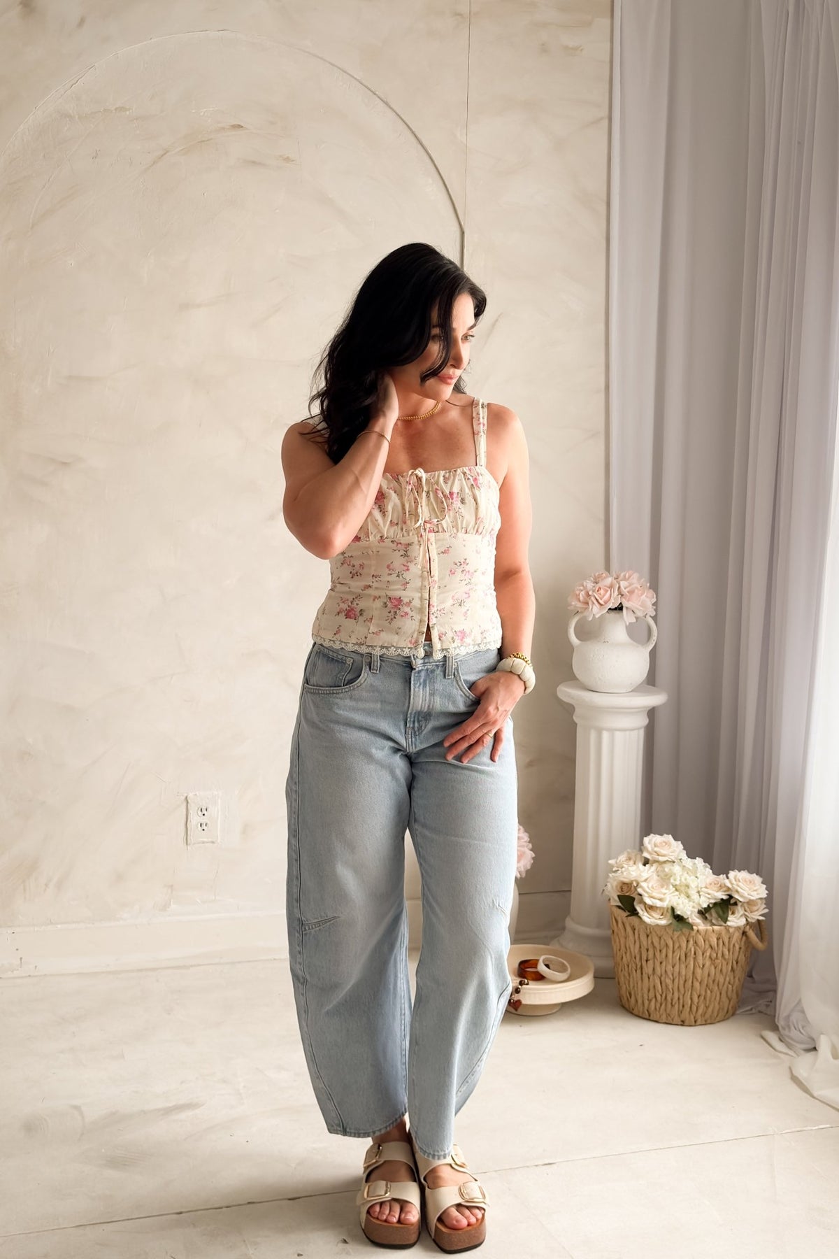 Floral Corset Top Women – Cream Pink Lace Trim - Shirts & Tops - Blooming Daily