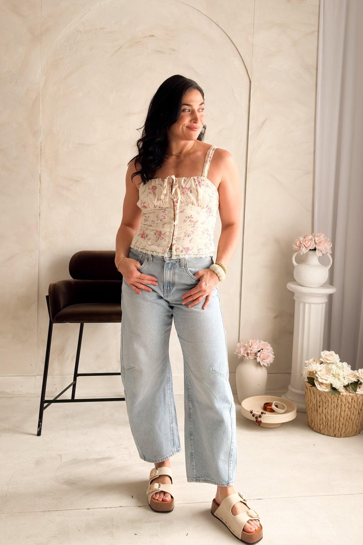 Floral Corset Top Women – Cream Pink Lace Trim - Shirts & Tops - Blooming Daily