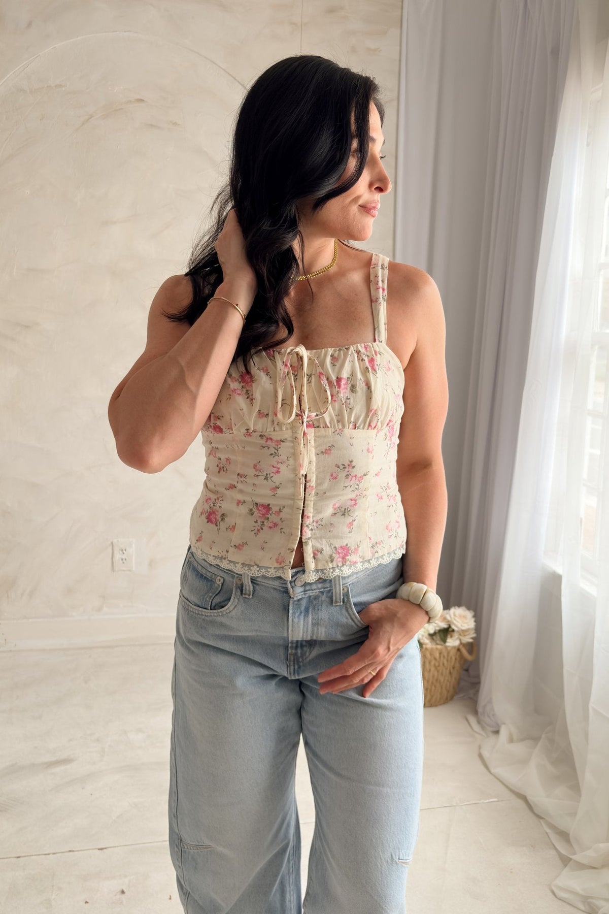 Floral Corset Top Women – Cream Pink Lace Trim - Shirts & Tops - Blooming Daily