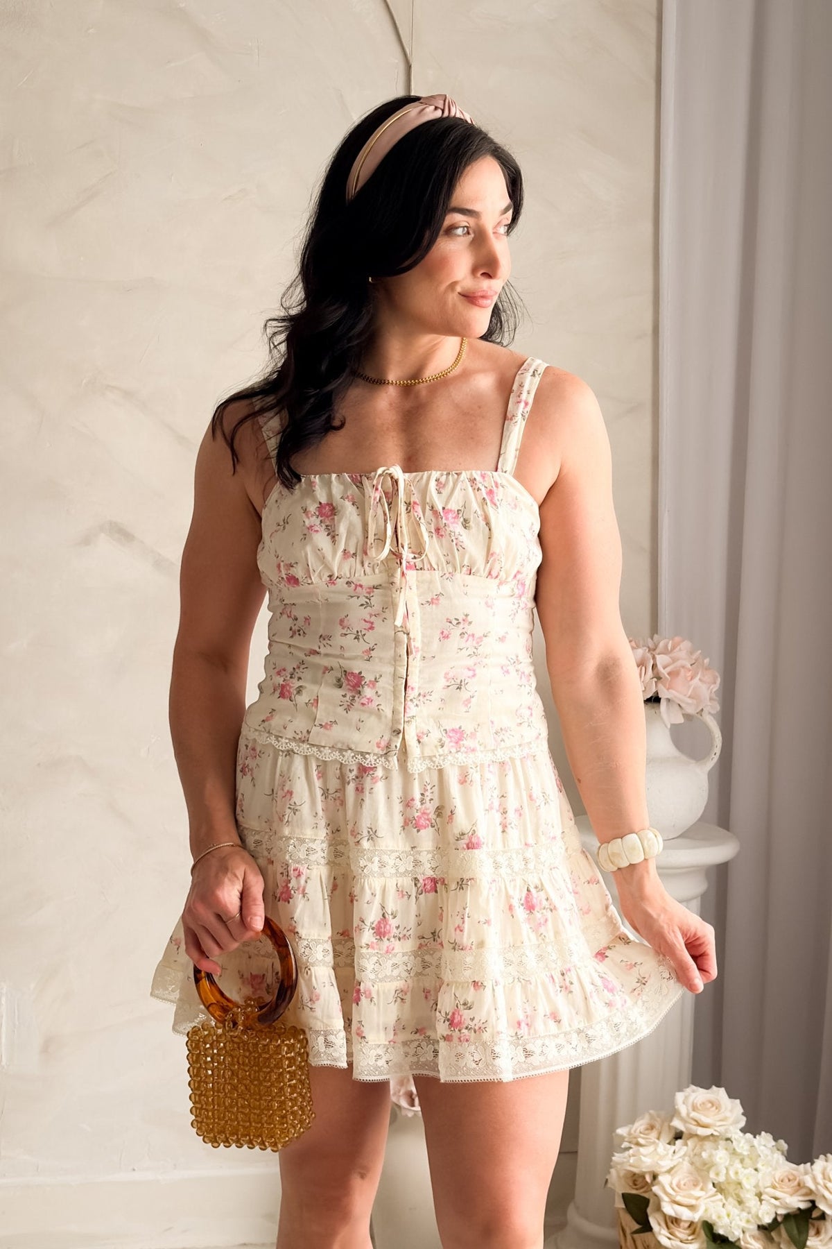 Floral Corset Top Women – Cream Pink Lace Trim - Shirts & Tops - Blooming Daily