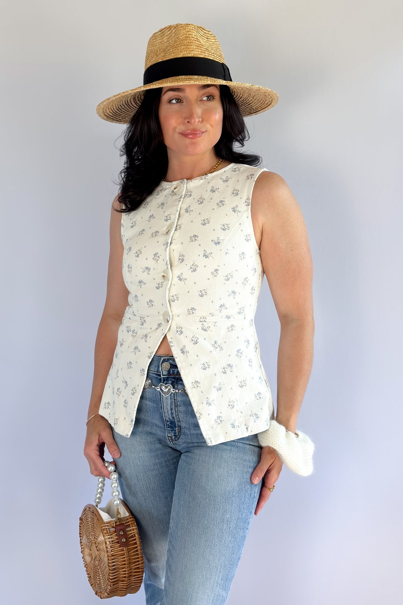 Floral Cotton Twill Vest Top | Summer White Tops for Ladies - Women's Shirts & Tops - Blooming Daily