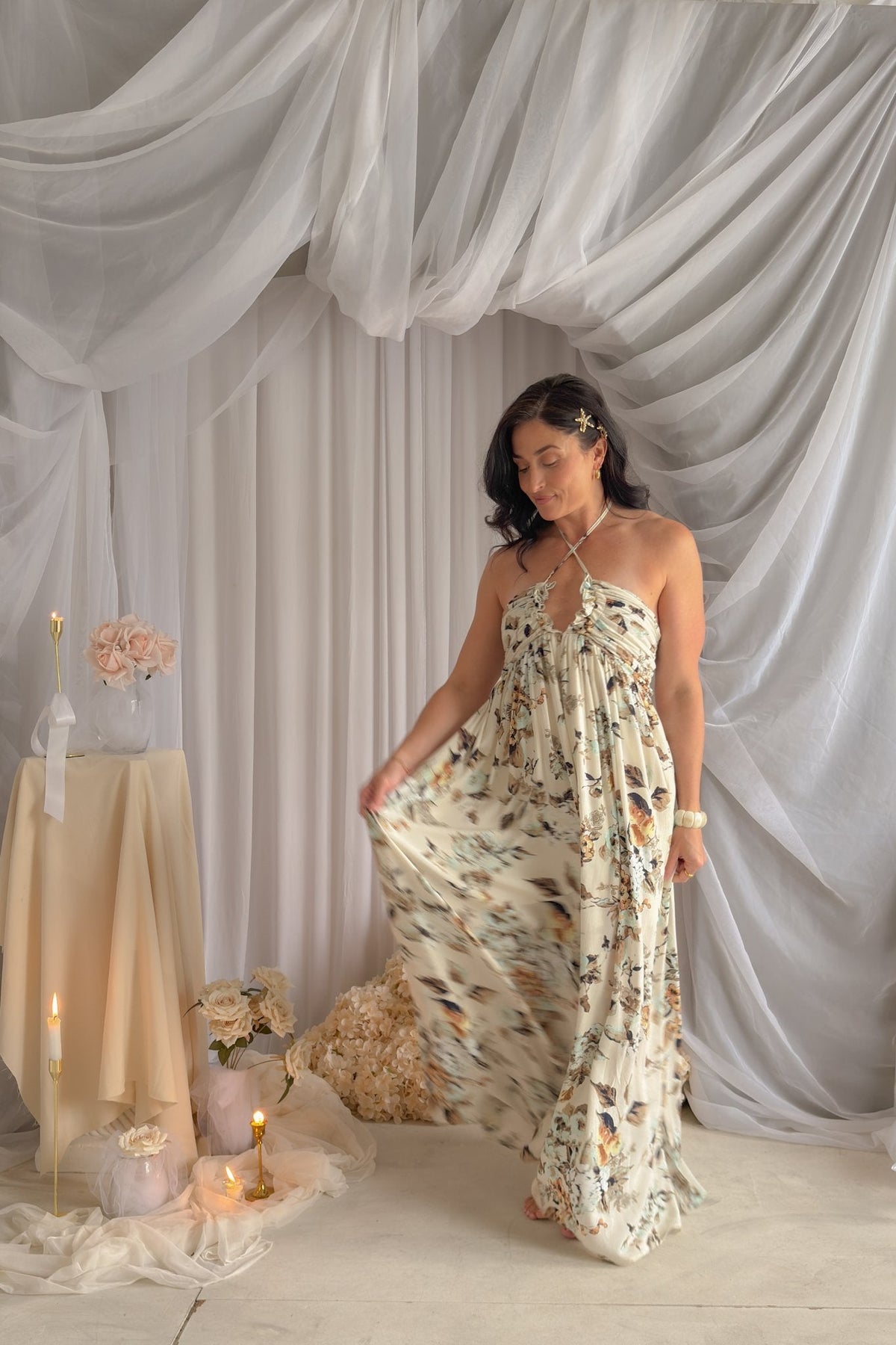 Floral Halter Maxi Dress – Cream Romantic Summer Dress - Women's Dresses - Blooming Daily