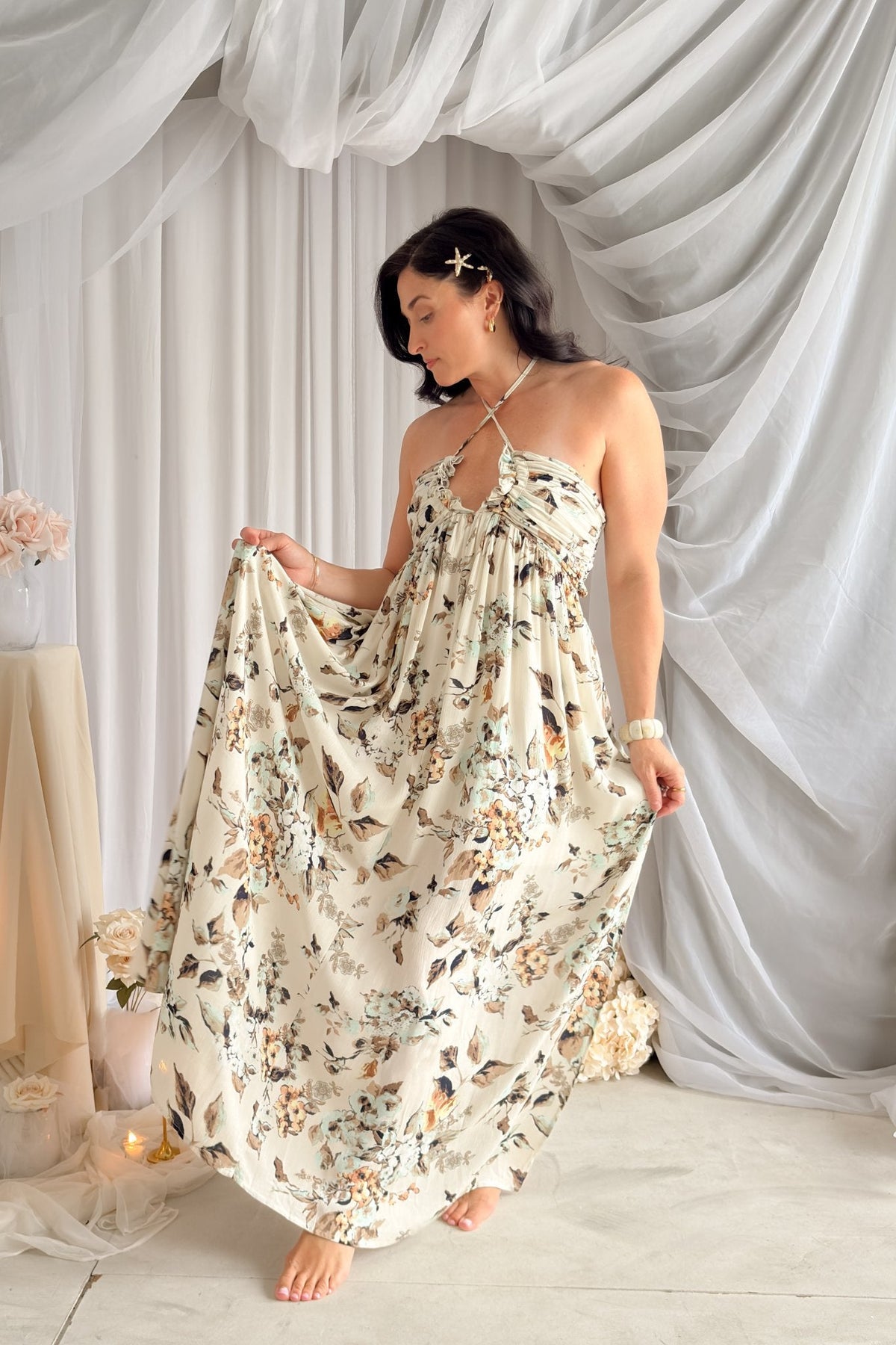 Floral Halter Maxi Dress – Cream Romantic Summer Dress - Women's Dresses - Blooming Daily