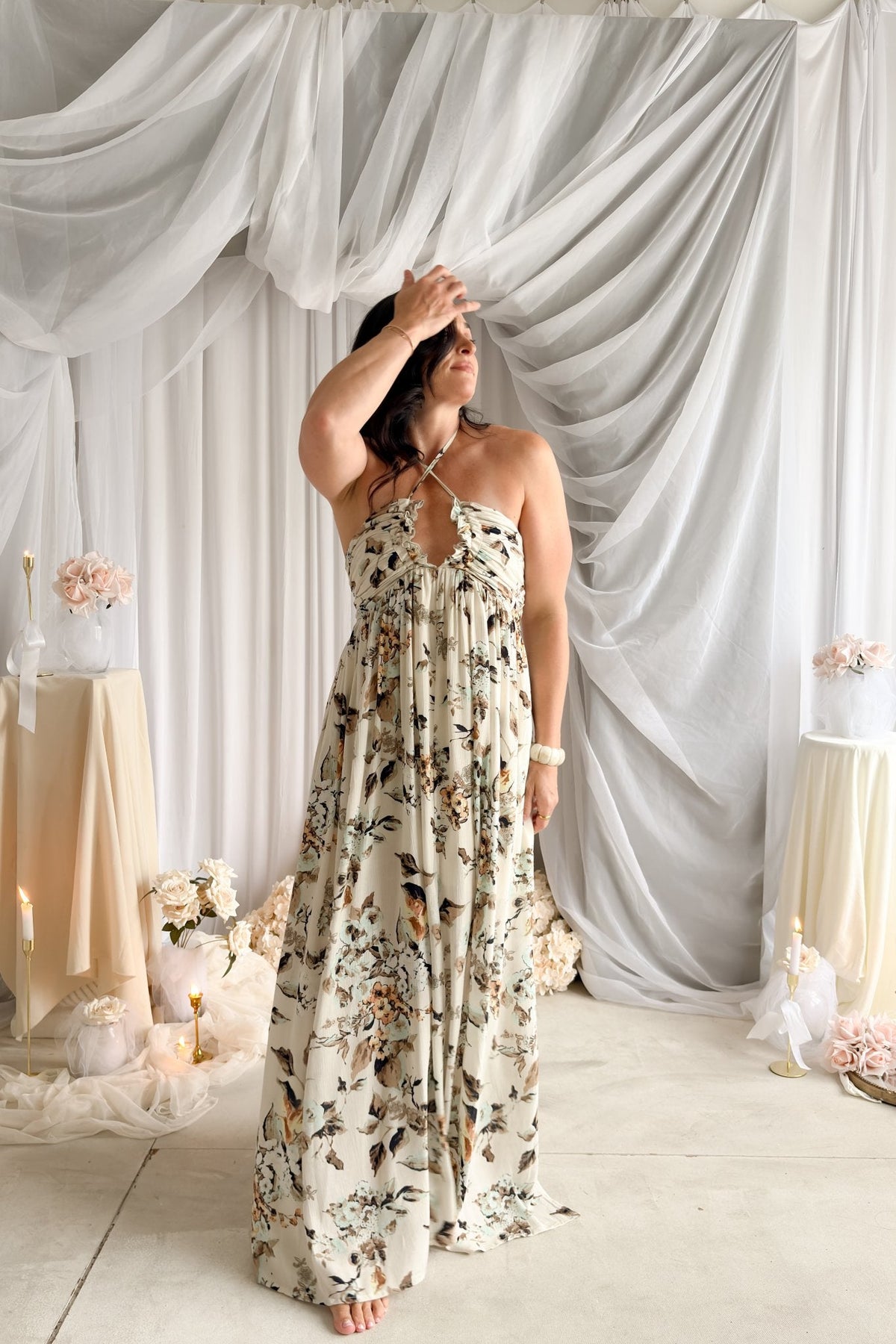 Floral Halter Maxi Dress – Cream Romantic Summer Dress - Women's Dresses - Blooming Daily