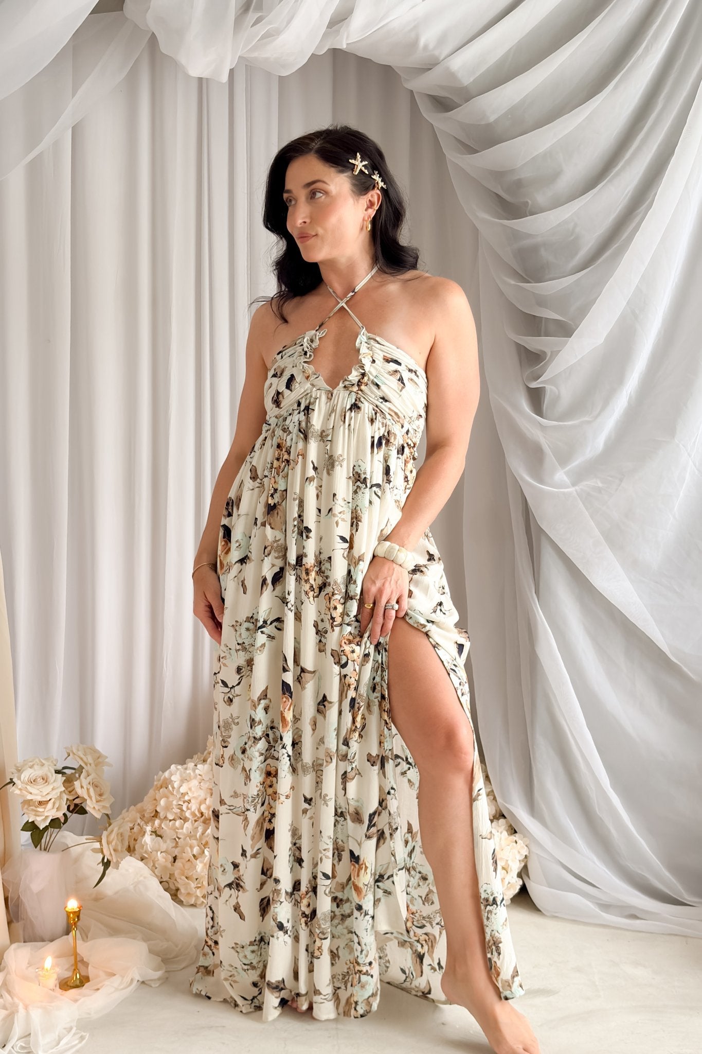 Floral Halter Maxi Dress – Cream Summer Dress Women S