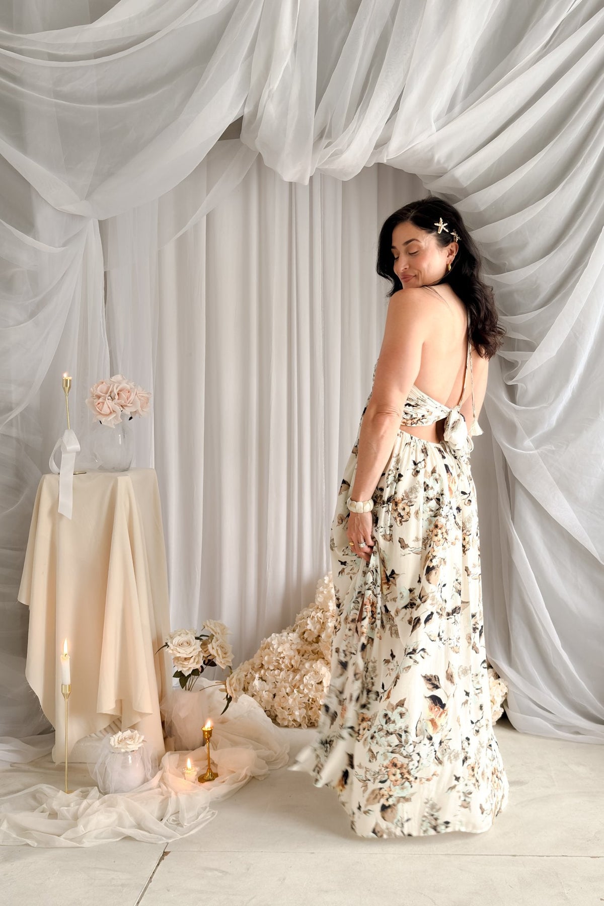 Floral Halter Maxi Dress – Cream Romantic Summer Dress - Women's Dresses - Blooming Daily