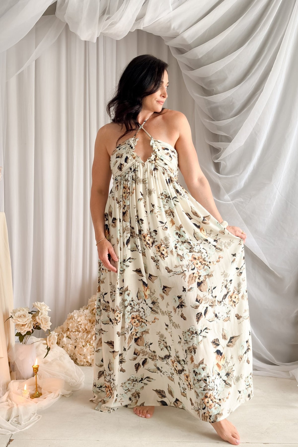 Floral Halter Maxi Dress – Cream Romantic Summer Dress - Women's Dresses - Blooming Daily
