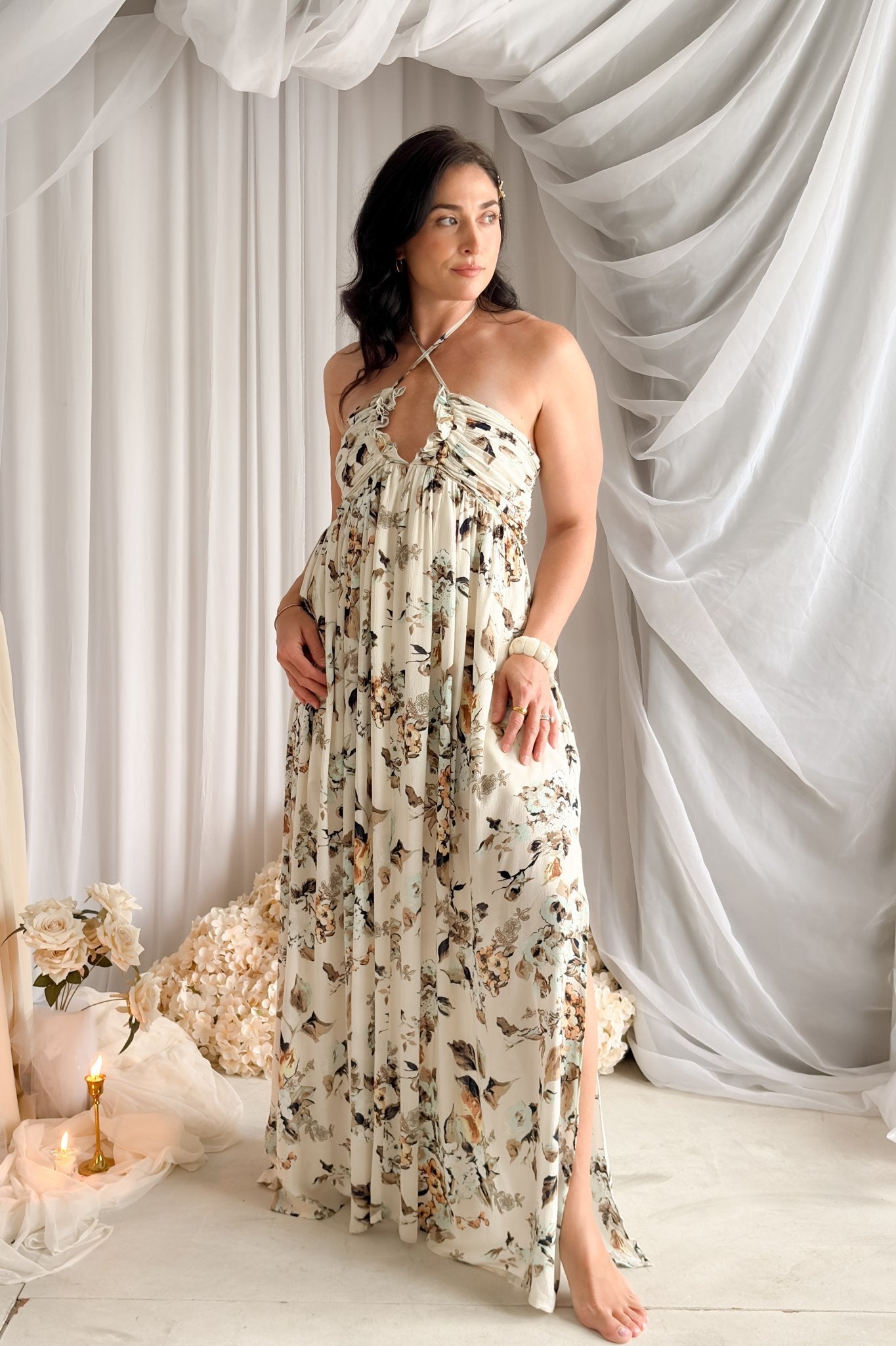 Floral Halter Maxi Dress – Cream Summer Dress Women S