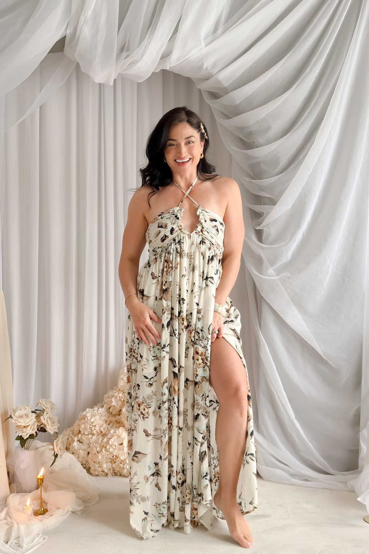 Floral Halter Maxi Dress – Cream Romantic Summer Dress - Women's Dresses - Blooming Daily
