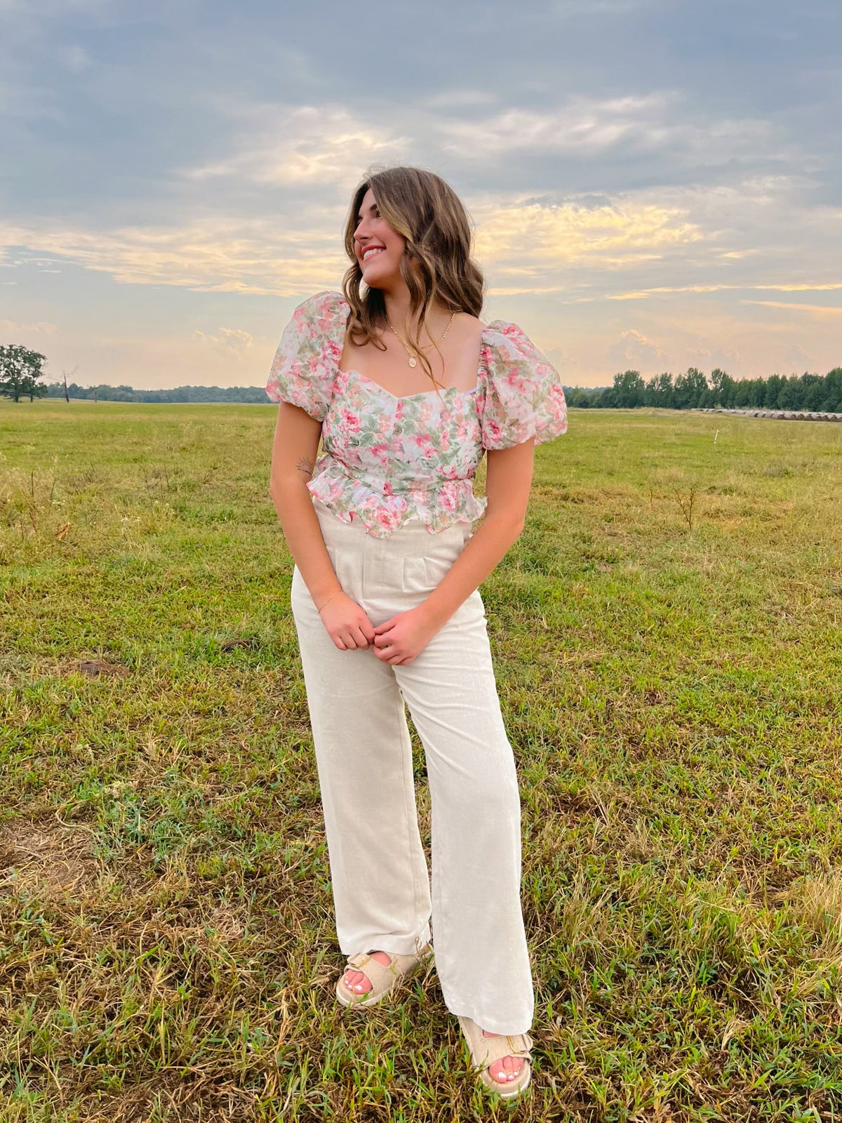 Floral Puff Sleeve Chiffon Corset Top | Feminine and Elegant Blouse - Women&#39;s Shirts &amp; Tops - Blooming Daily