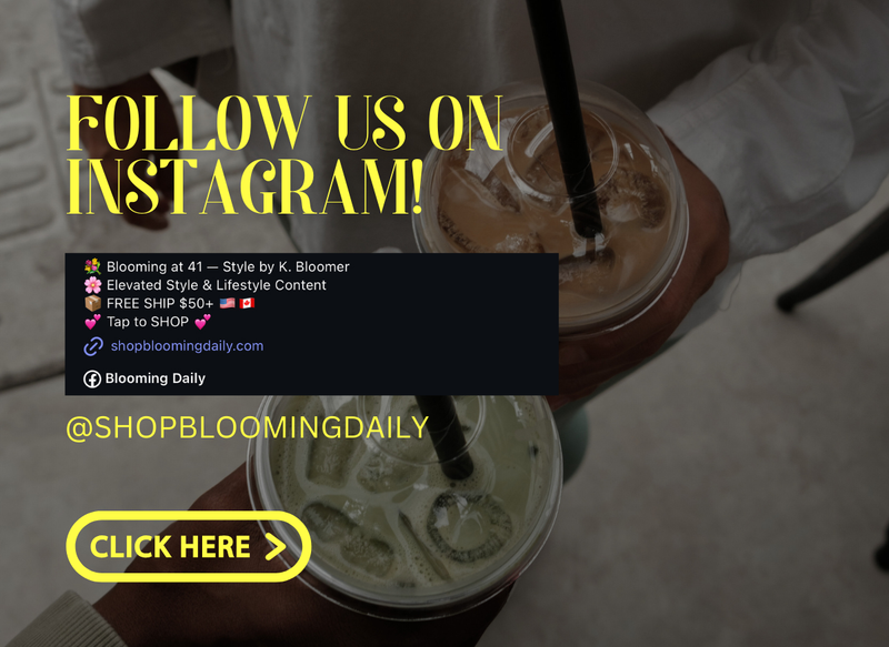 Instagram follow banner highlighting @shopbloomingdaily; bold yellow typography and CTA layered on a café-style image with iced lattes.