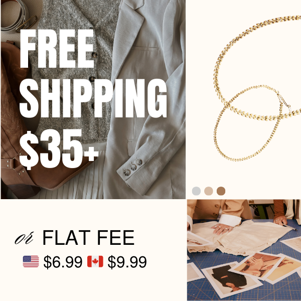 Website banner promoting free shipping on orders over $35. The left side features a flat lay of a stylish outfit, including a gray sweater, beige blazer, pleated skirt, and brown western boots. Bold white text reads "FREE SHIPPING $35+." The right side shows an image of hands working on fabric designs, surrounded by clothing sketches. The banner also highlights a flat shipping fee of $6.99 for U.S. orders and $9.99 for Canadian orders, with icons of the U.S. and Canadian flags. Neutral color tones are used 