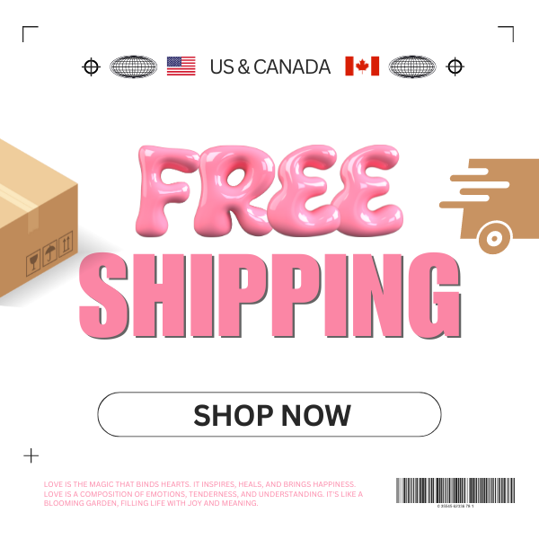 Free Shipping banner for US & Canada featuring pink bubbly text and shipping icons, with a cardboard box on the left and a delivery symbol on the right. The banner promotes free shipping with a 'Shop Now' button.