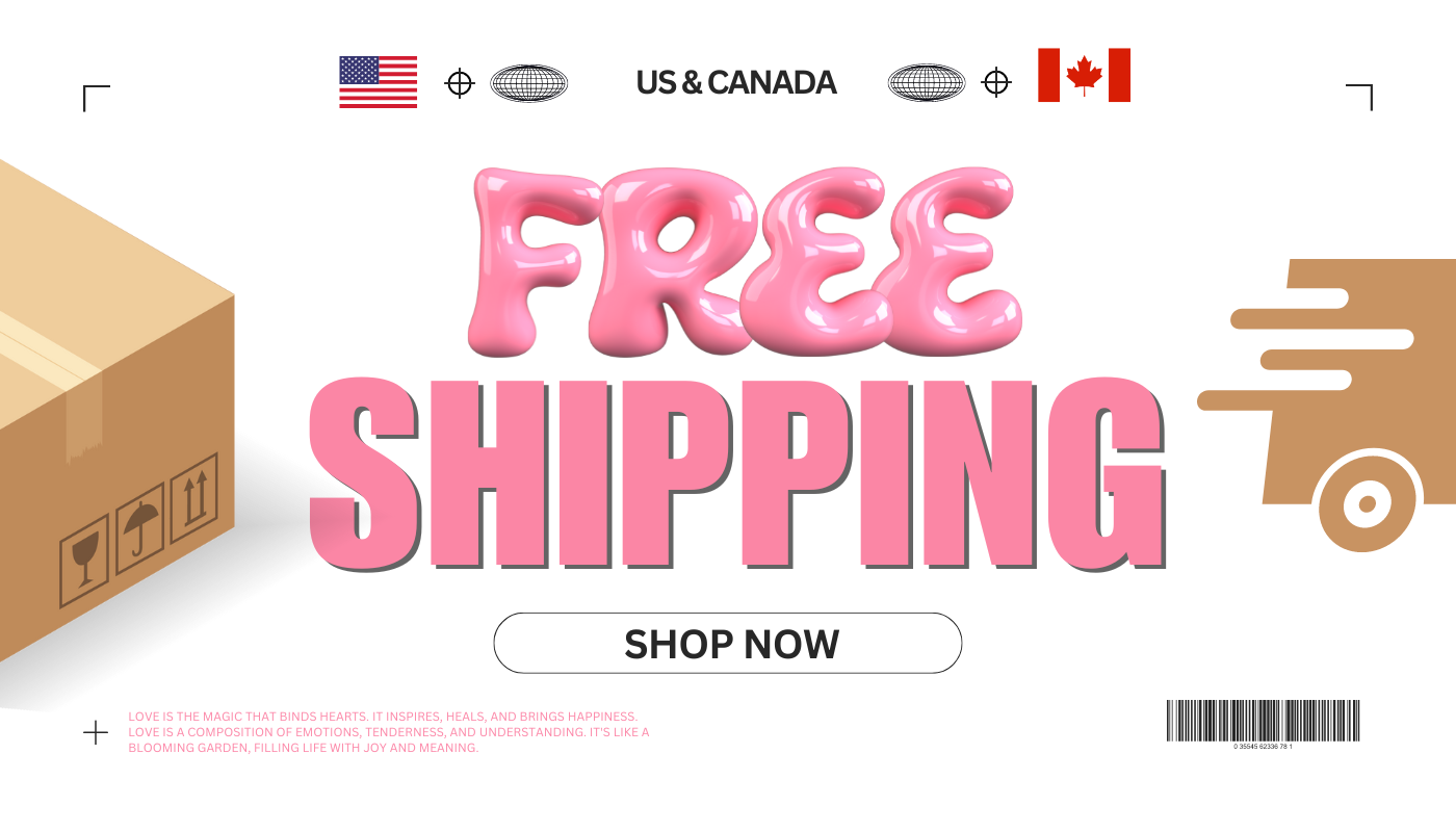 Free Shipping banner for US & Canada featuring pink bubbly text and shipping icons, with a cardboard box on the left and a delivery symbol on the right. The banner promotes free shipping with a 'Shop Now' button.