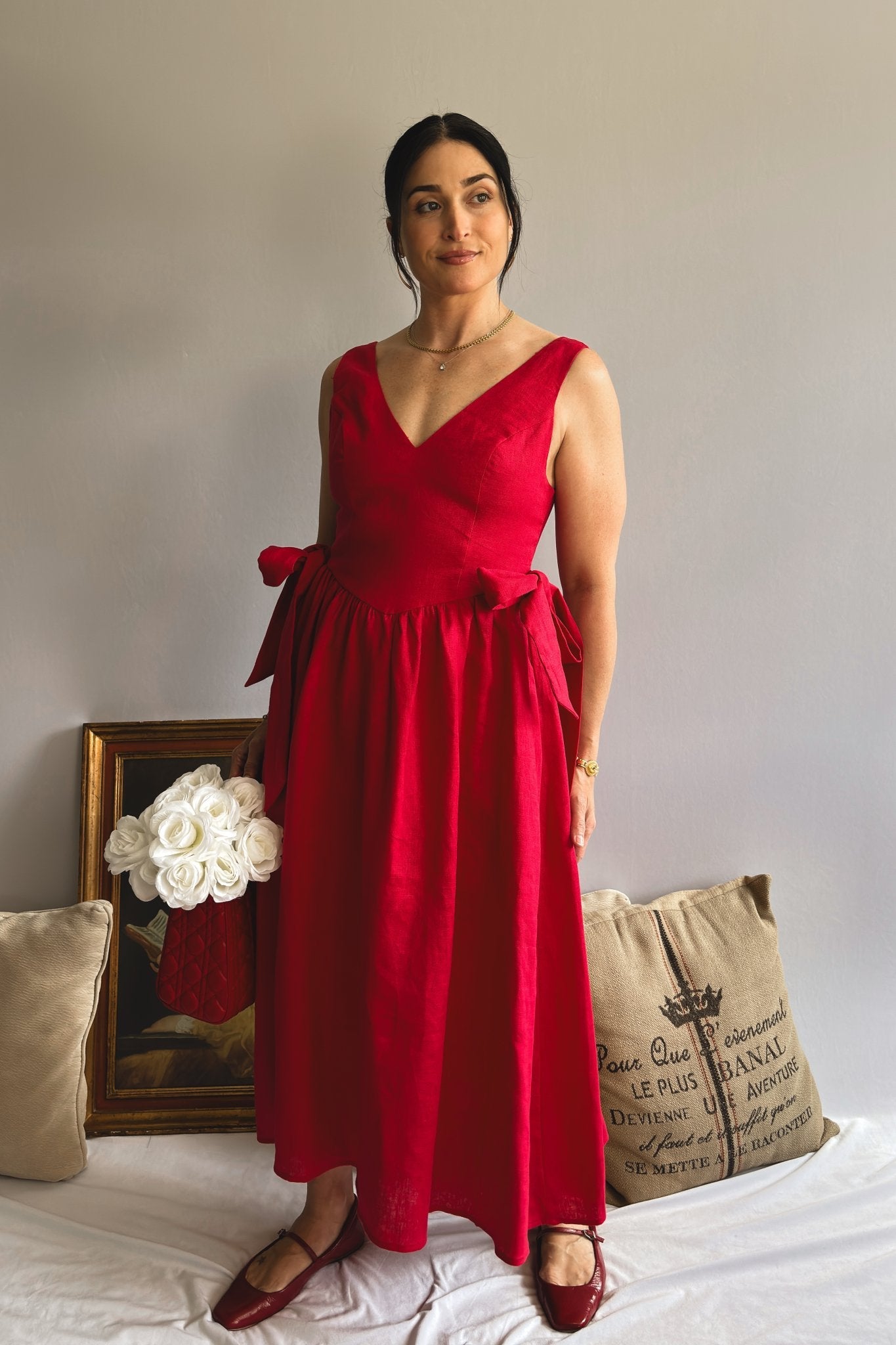 womens red linen dress Sofie The Label Midi Women's Fate Finds a color:print offering breathability and a COLOR:Cognac/Navy