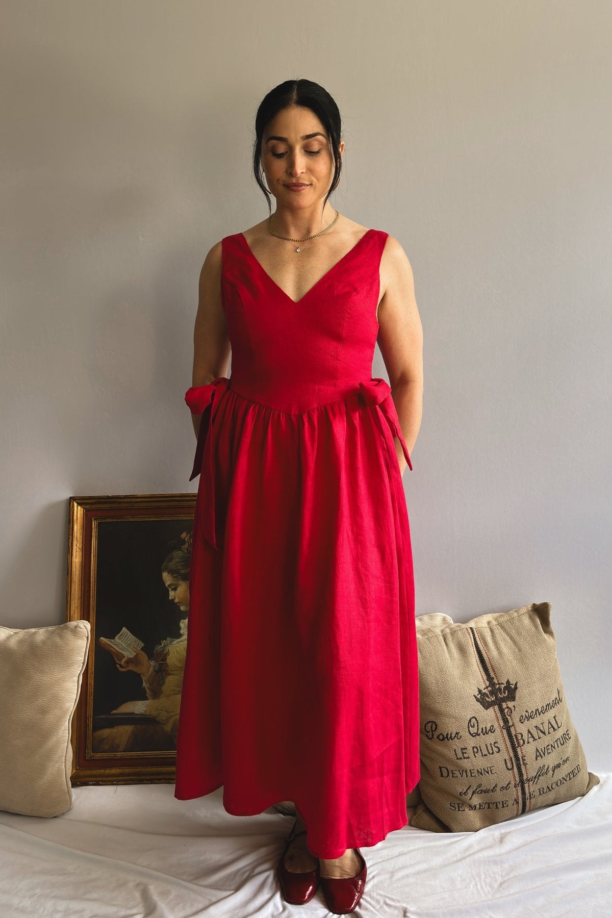 French Stereotype Outfit | Red Linen Midi Dress - Women&#39;s Dresses - Blooming Daily
